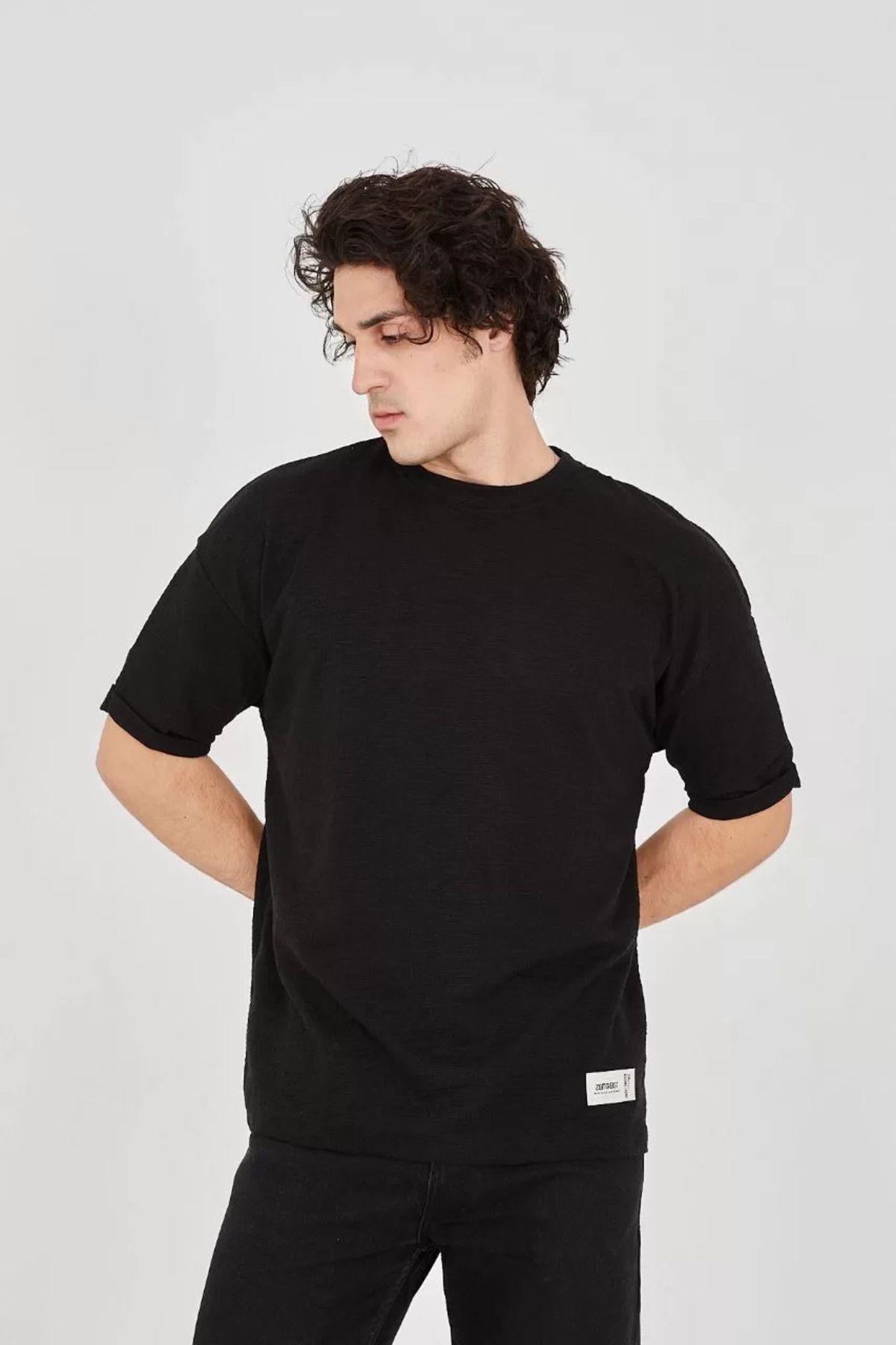 FantaziAtölyesi Unisex Jakar Kumaş Rahat Kol T-Shirt - Siyah