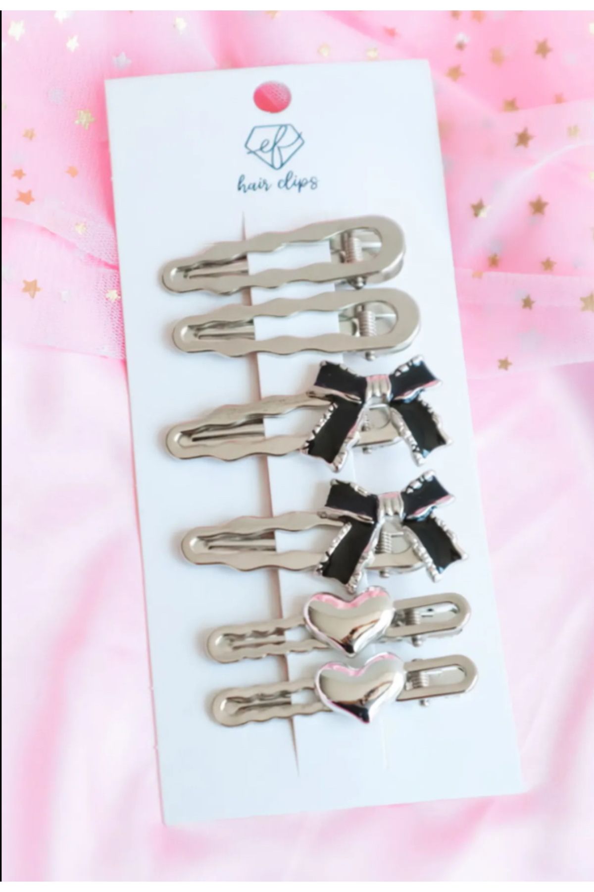 synshop Kawai Y2k Kpop Gotik Kore Lolita Yıldız Ribbon Kurdele Fiyonk Kalp Gümüş Renk Pens Toka Hediye