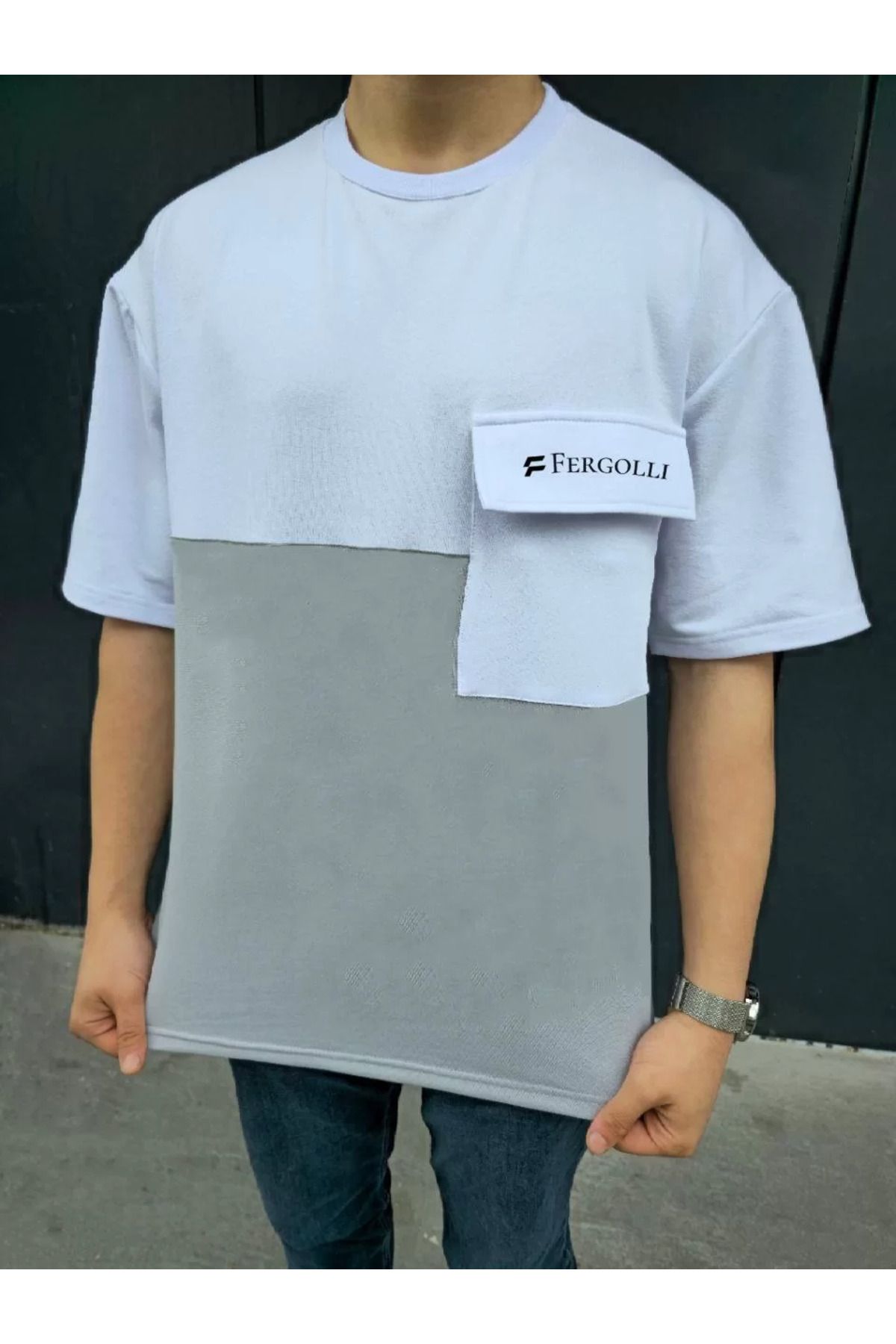 FantaziAtölyesi Unisex Torba Cep Detaylı Parçalı T-Shirt - Gri