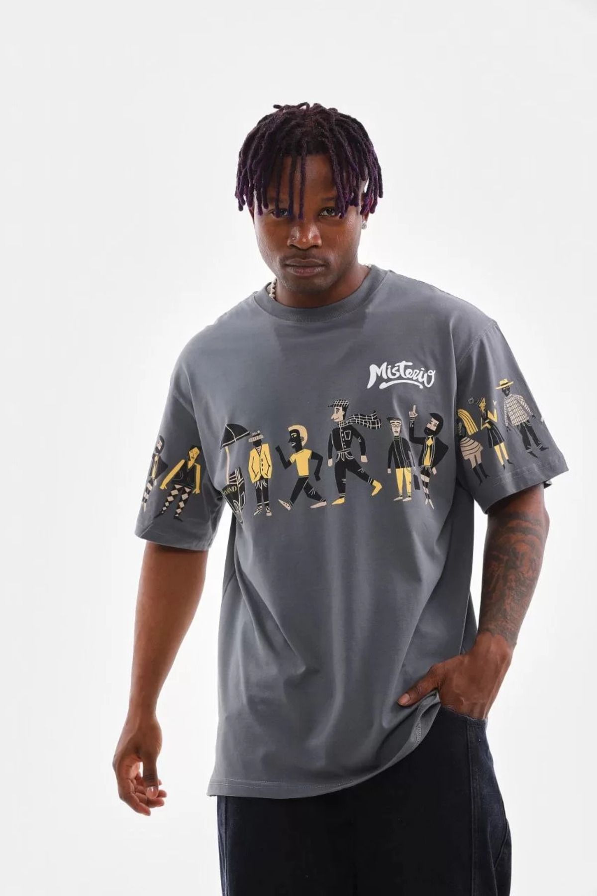 FantaziAtölyesi Unisex Bisiklet Yaka Baskılı Oversize T-Shirt - Gri