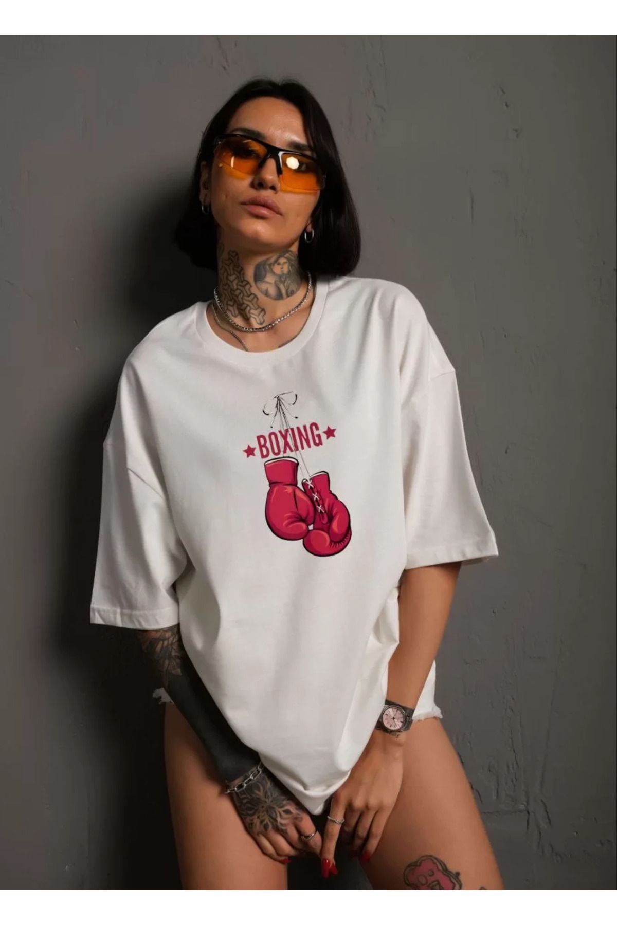 FantaziAtölyesi Unisex Bisiklet Yaka Baskılı Oversize T-Shirt - Beyaz