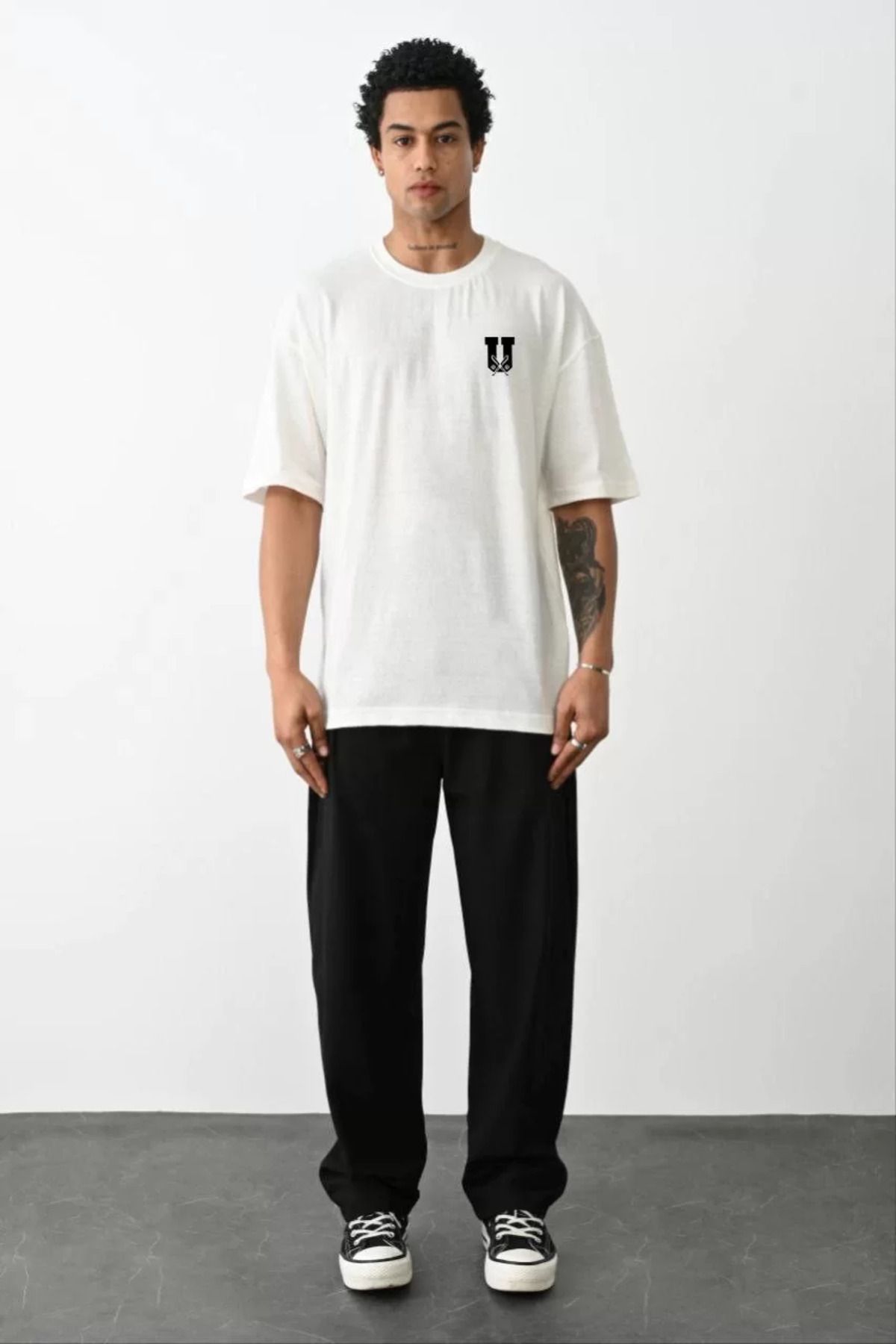 FantaziAtölyesi Unisex Bisiklet Yaka Baskılı Oversize T-Shirt - Beyaz