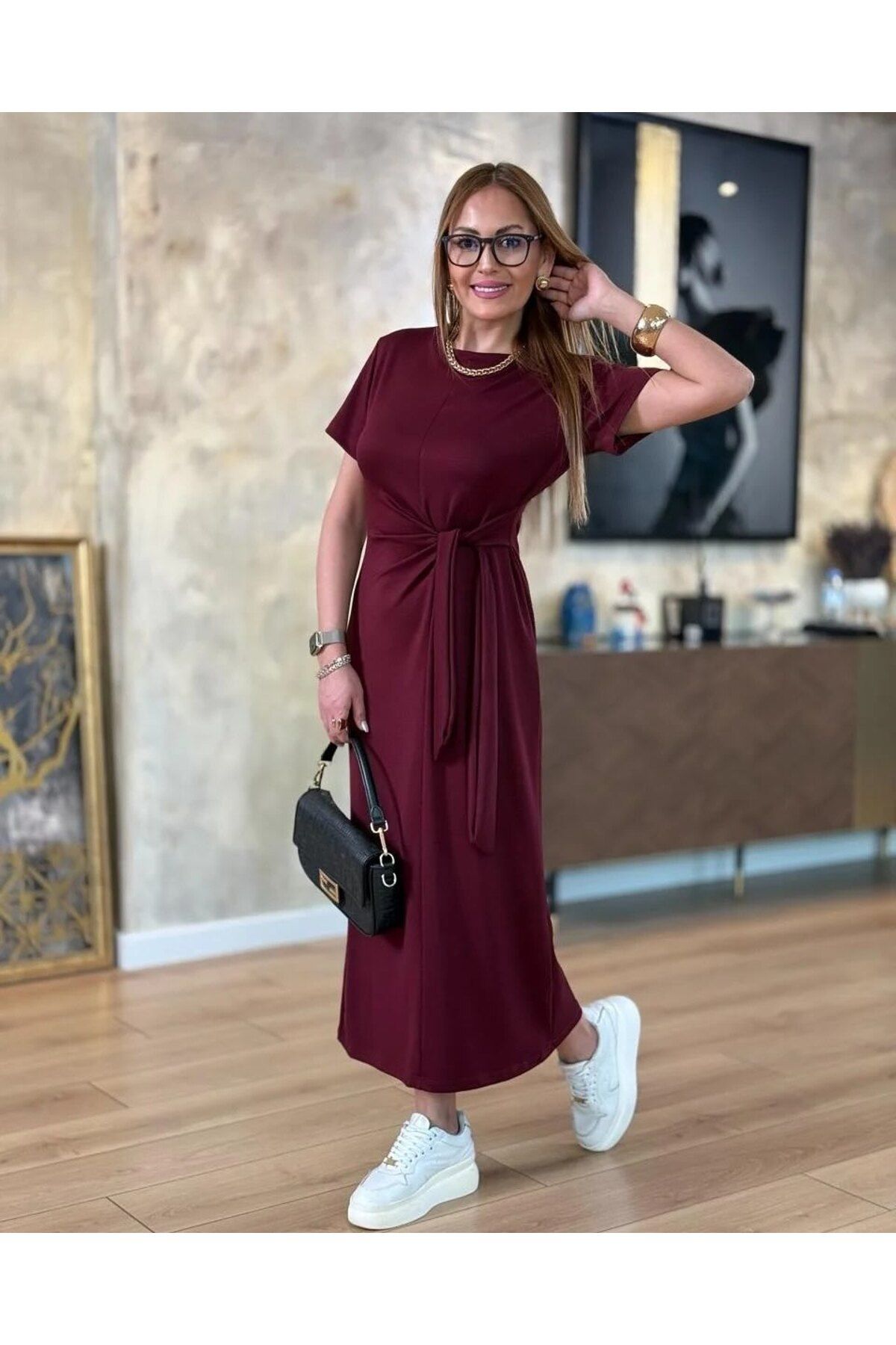 Fibula Yan bağlamalı viskon elbise kısa kol elbise