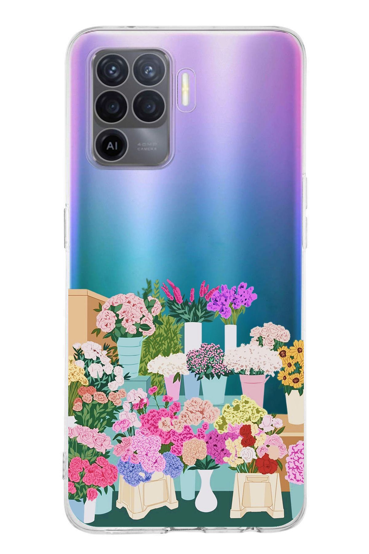 TechTree Oppo Reno 5 Lite Uyumlu Vazoda Çiçekler Tasarımlı Şeffaf Silikon Kılıf