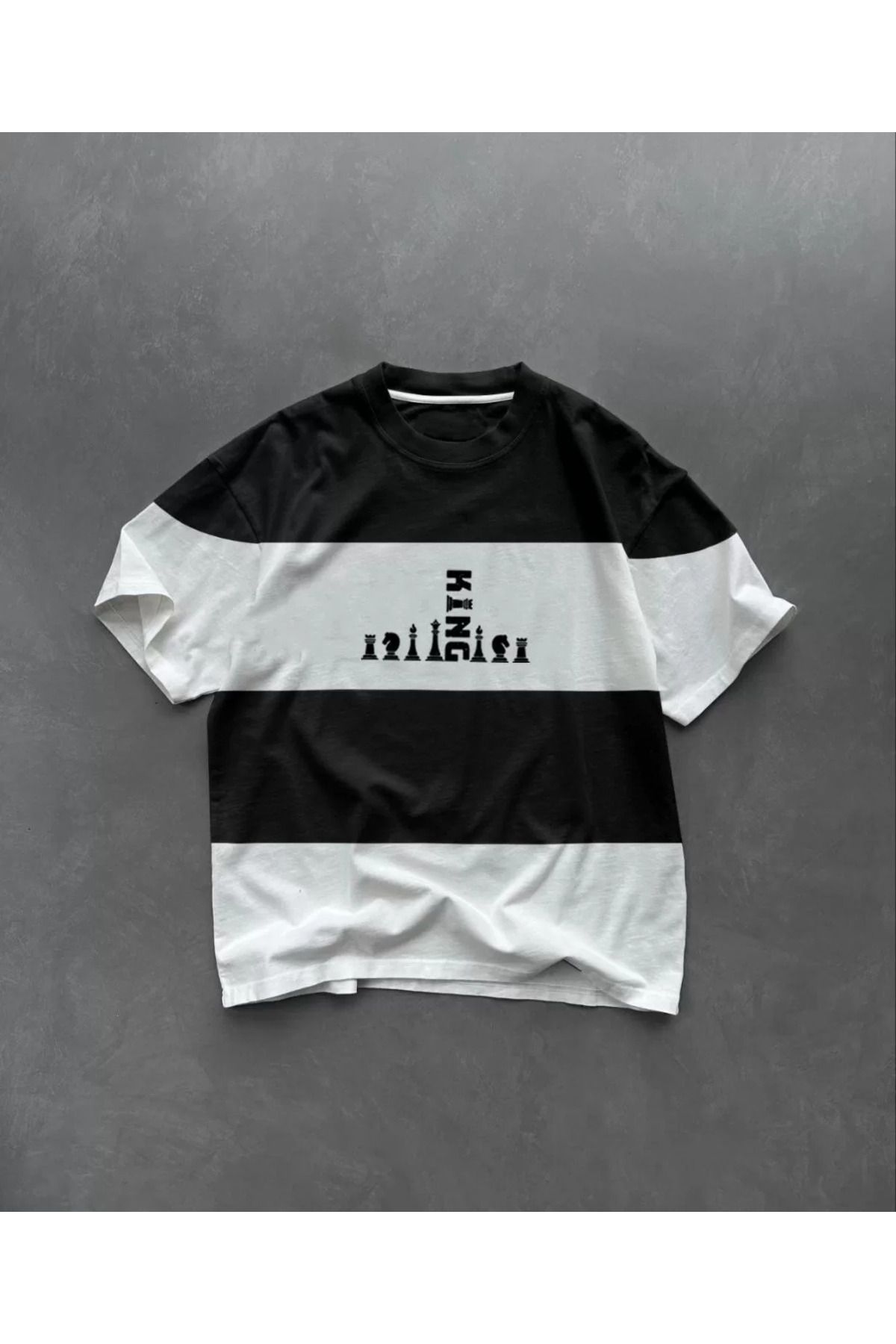FantaziAtölyesi Unisex Bisiklet Yaka Baskılı Parçalı Oversize T-Shirt - Siyah