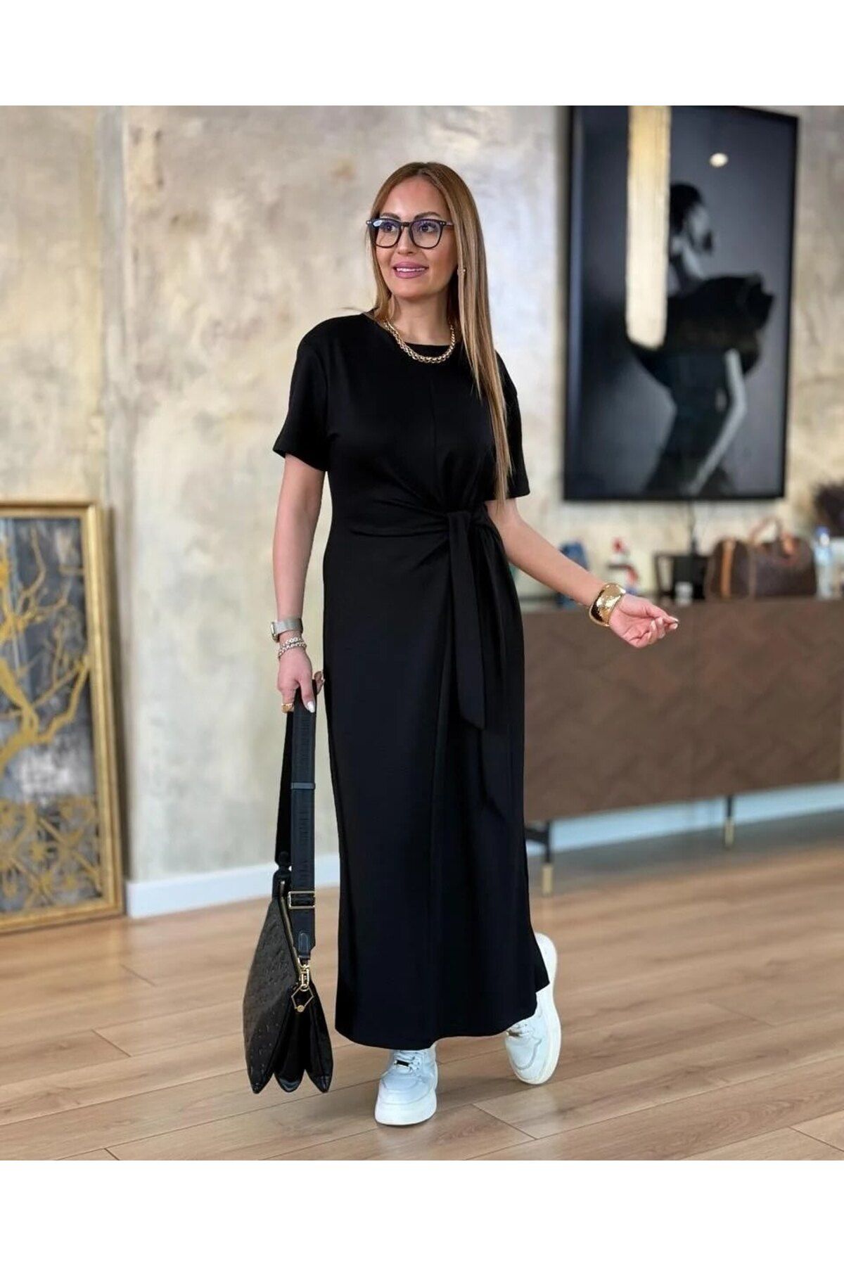 Fibula Yan bağlamalı viskon elbise kısa kol elbise