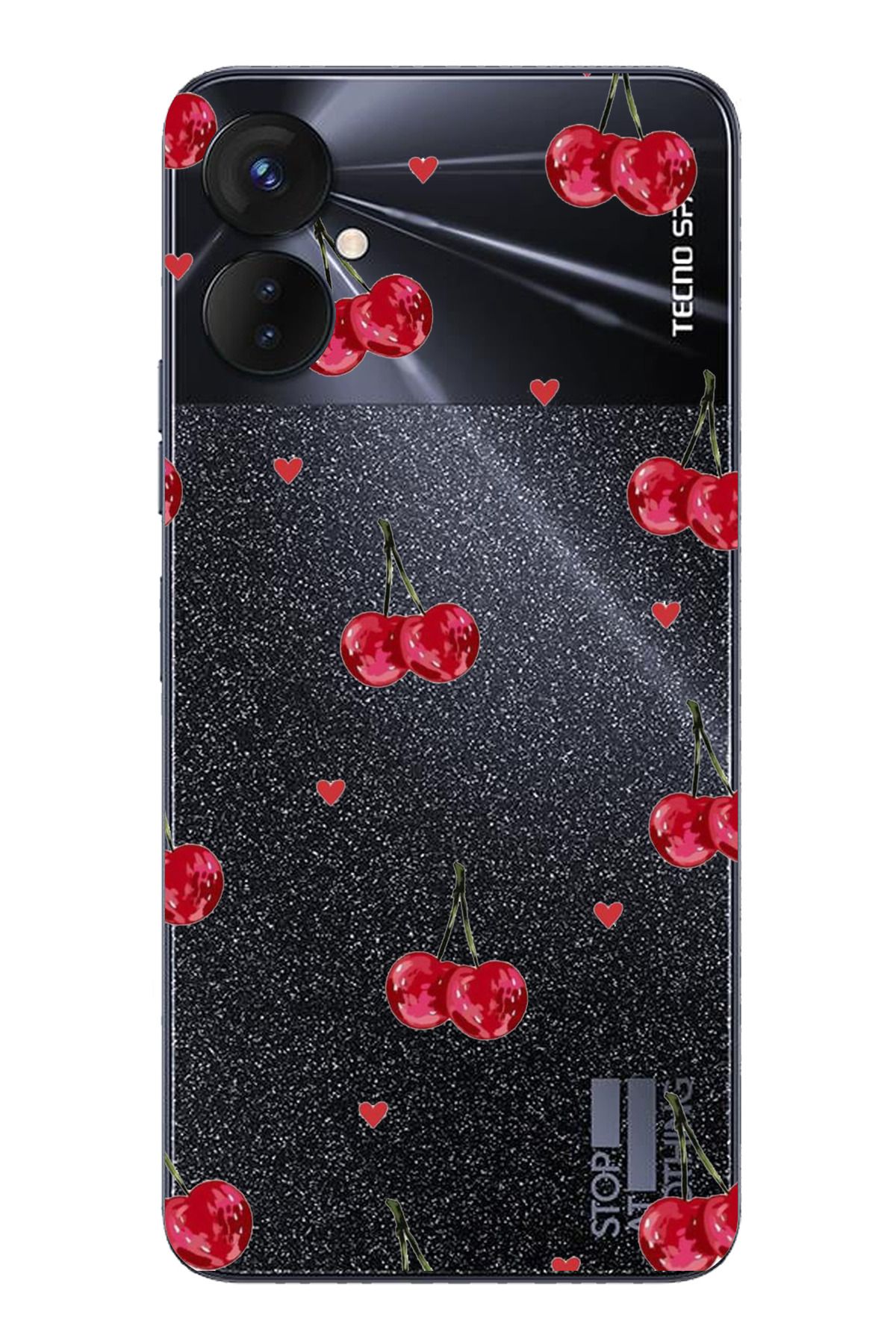 TechTree Tecno Spark 9 Pro Uyumlu Kirazlar ve Kalpler Tasarımlı Şeffaf Silikon Kılıf