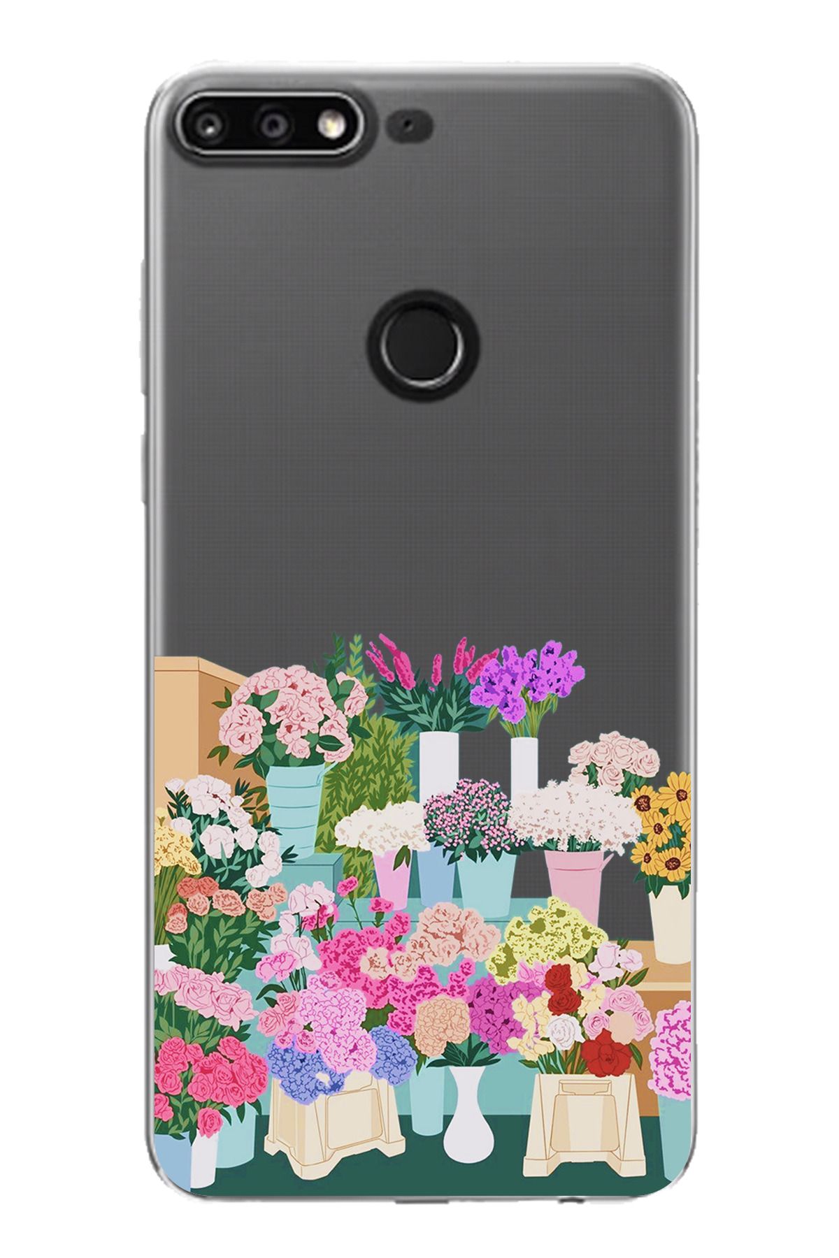 TechTree Huawei Y7 2018 - Honor 7C Uyumlu Vazoda Çiçekler Tasarımlı Şeffaf Silikon Kılıf