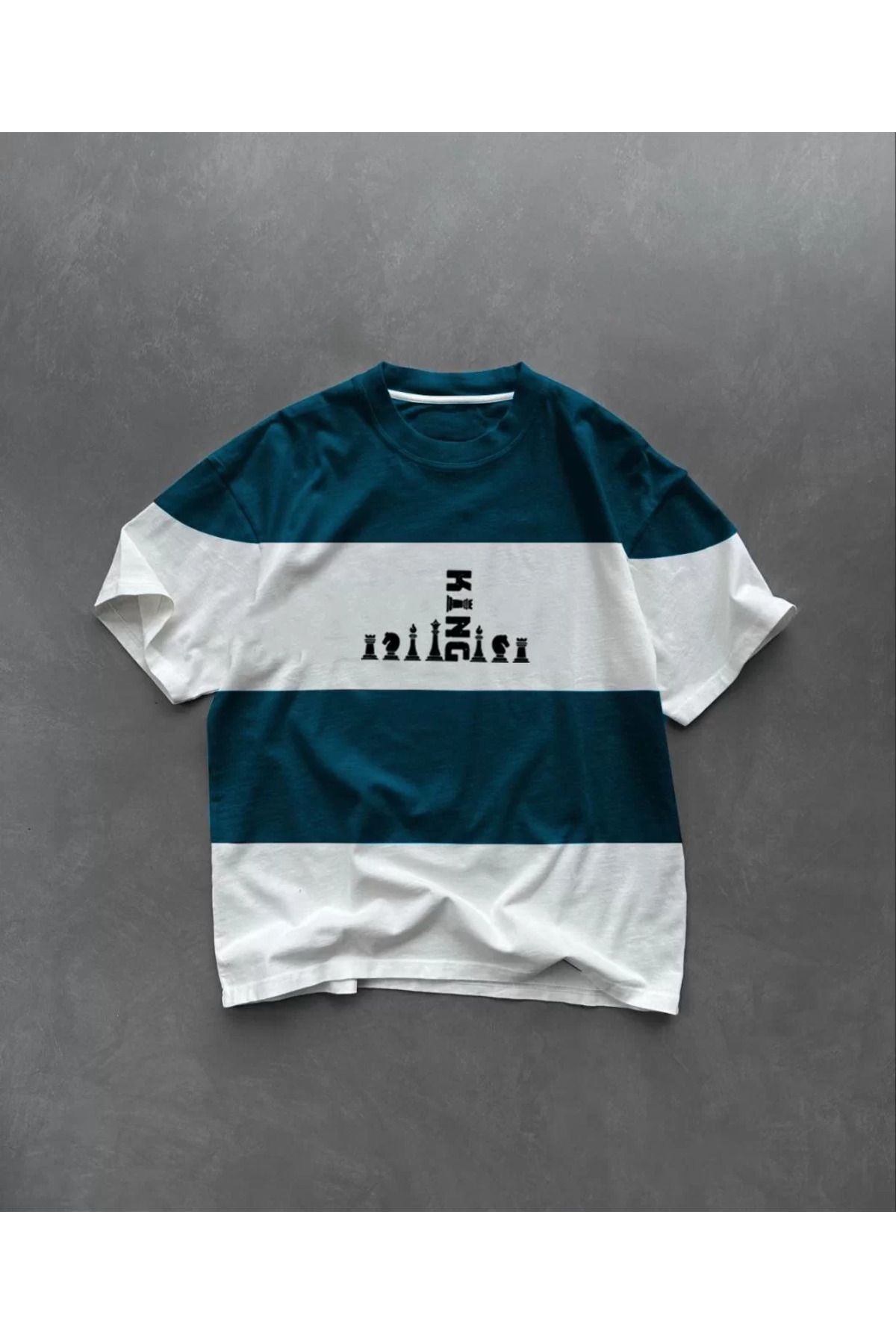 FantaziAtölyesi Unisex Bisiklet Yaka Baskılı Parçalı Oversize T-Shirt - Lacivert