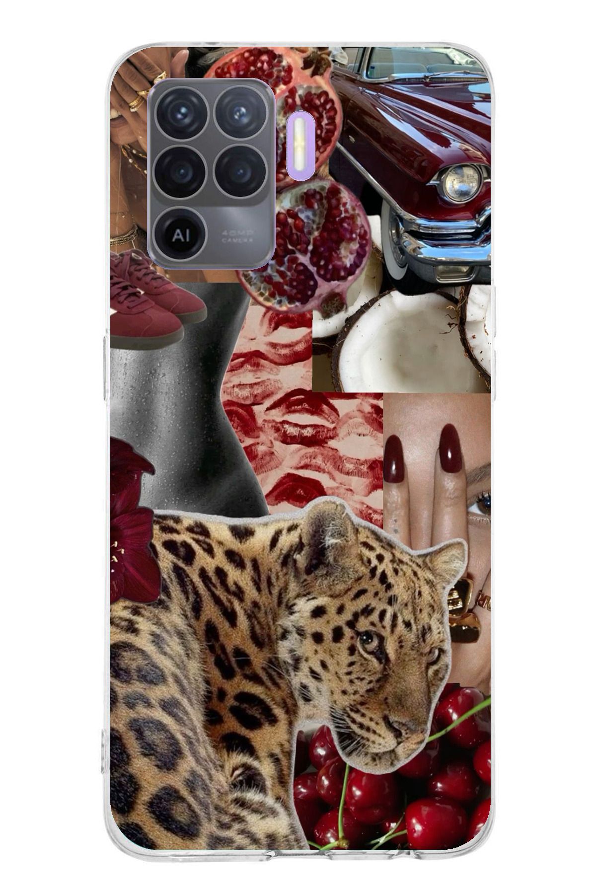 TechTree Oppo Reno 5 Lite Uyumlu Leopar Kırmızı Vibes Şeffaf Silikon Kılıf