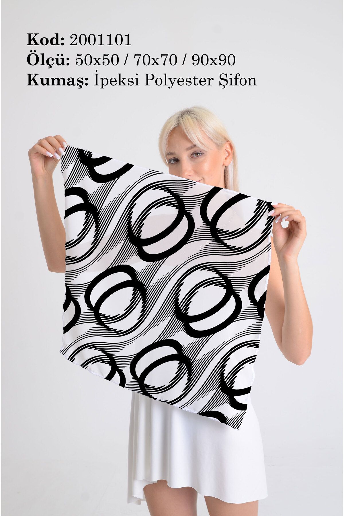 DESENİX Geometrik Daireler Desenli İpeksi Şifon Fular - Şal, Eşarp, Boyunluk - 50x50, 70x70, 90x90 cm