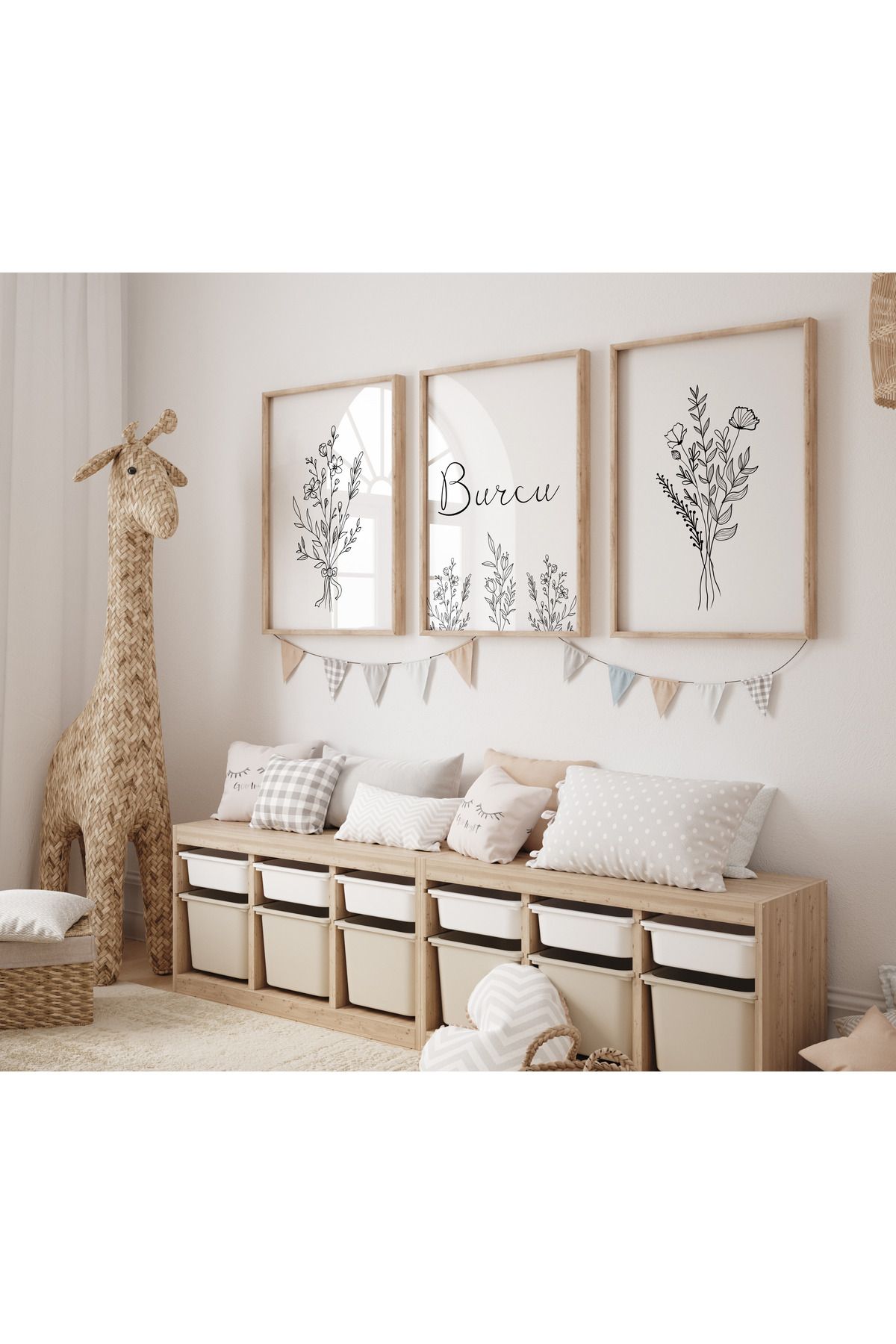 Rabadon Minimalist Çiçek Temalı Kız Çocuk Odası Tablosu | Çerçeveli 3’lü Set | İsme Özel