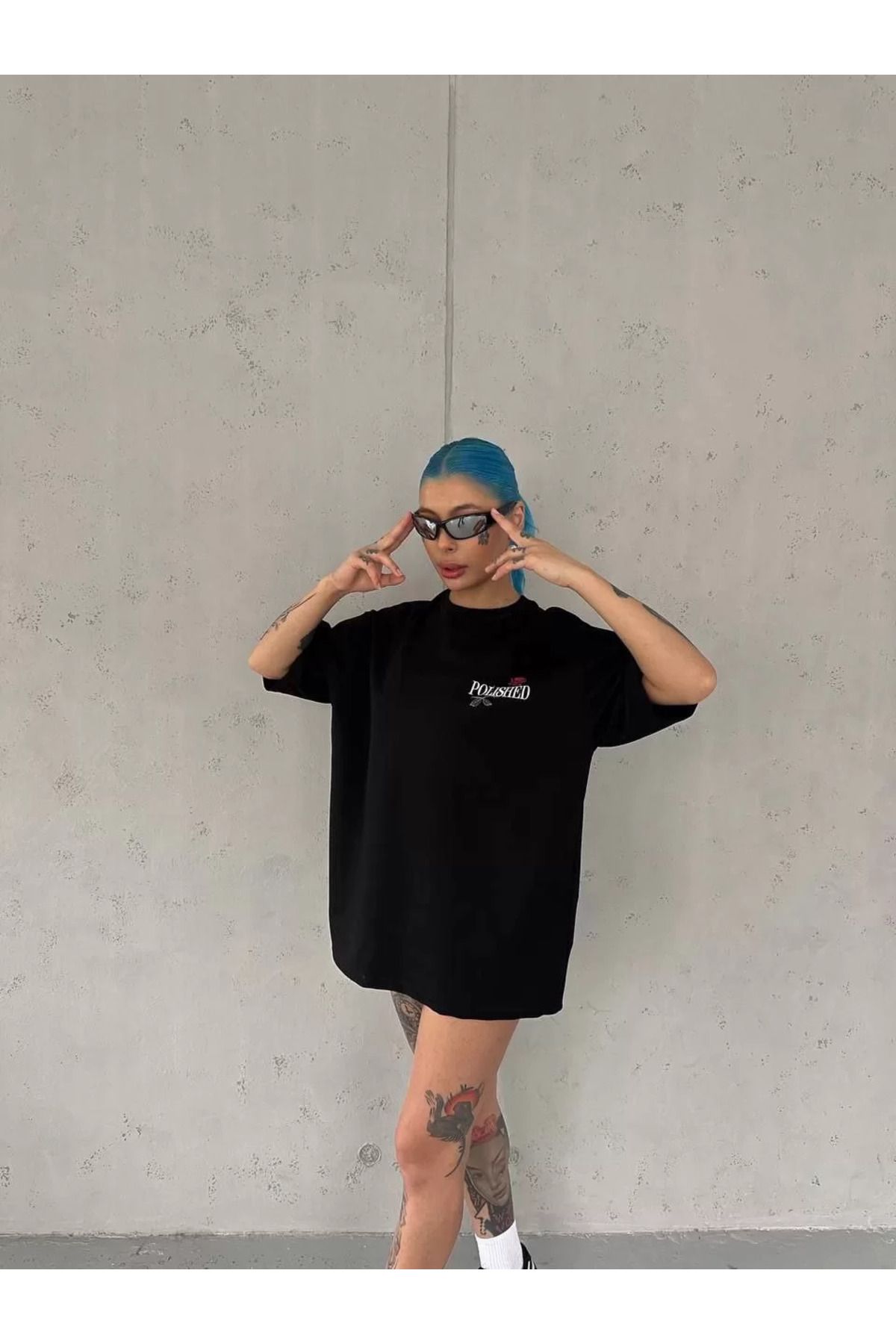 FantaziAtölyesi Unisex Bisiklet Yaka Baskılı Oversize T-Shirt - Siyah