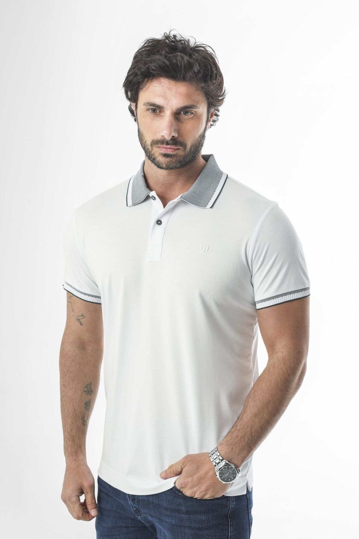 Tony Montana Büyük Beden (3xl - 7xl) Düğmeli Polo Yaka Kol Ucu Triko Detaylı T-Shirt-6315