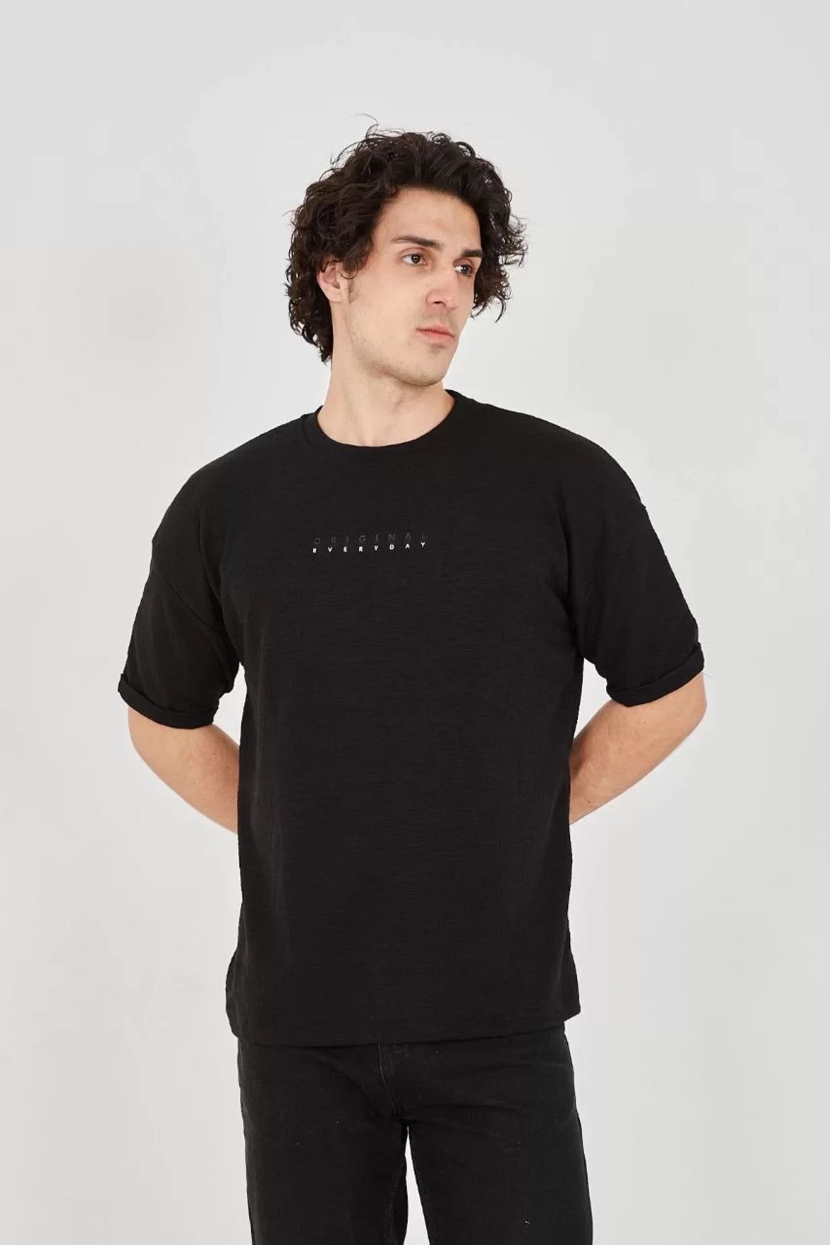 FantaziAtölyesi Unisex Jakar Kumaş Rahat Kol T-Shirt - Siyah