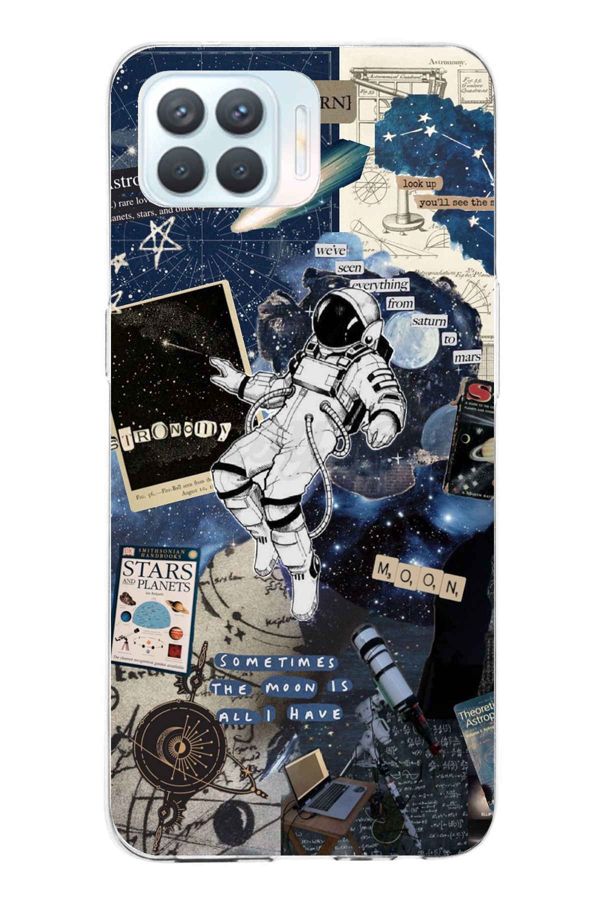 TechTree Oppo Reno 4 Lite Uyumlu Retro Astronot Tasarımlı Şeffaf Silikon Kılıf