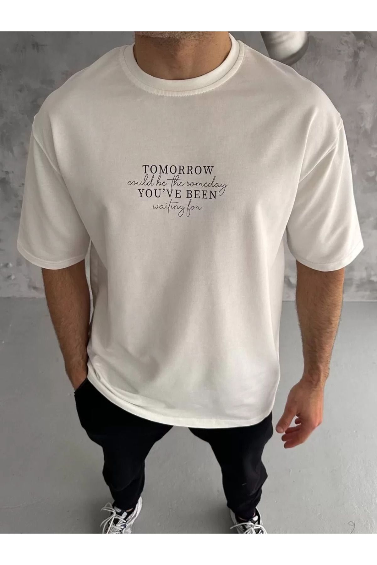 FantaziAtölyesi Unisex Bisiklet Yaka Baskılı Oversize T-Shirt - Beyaz