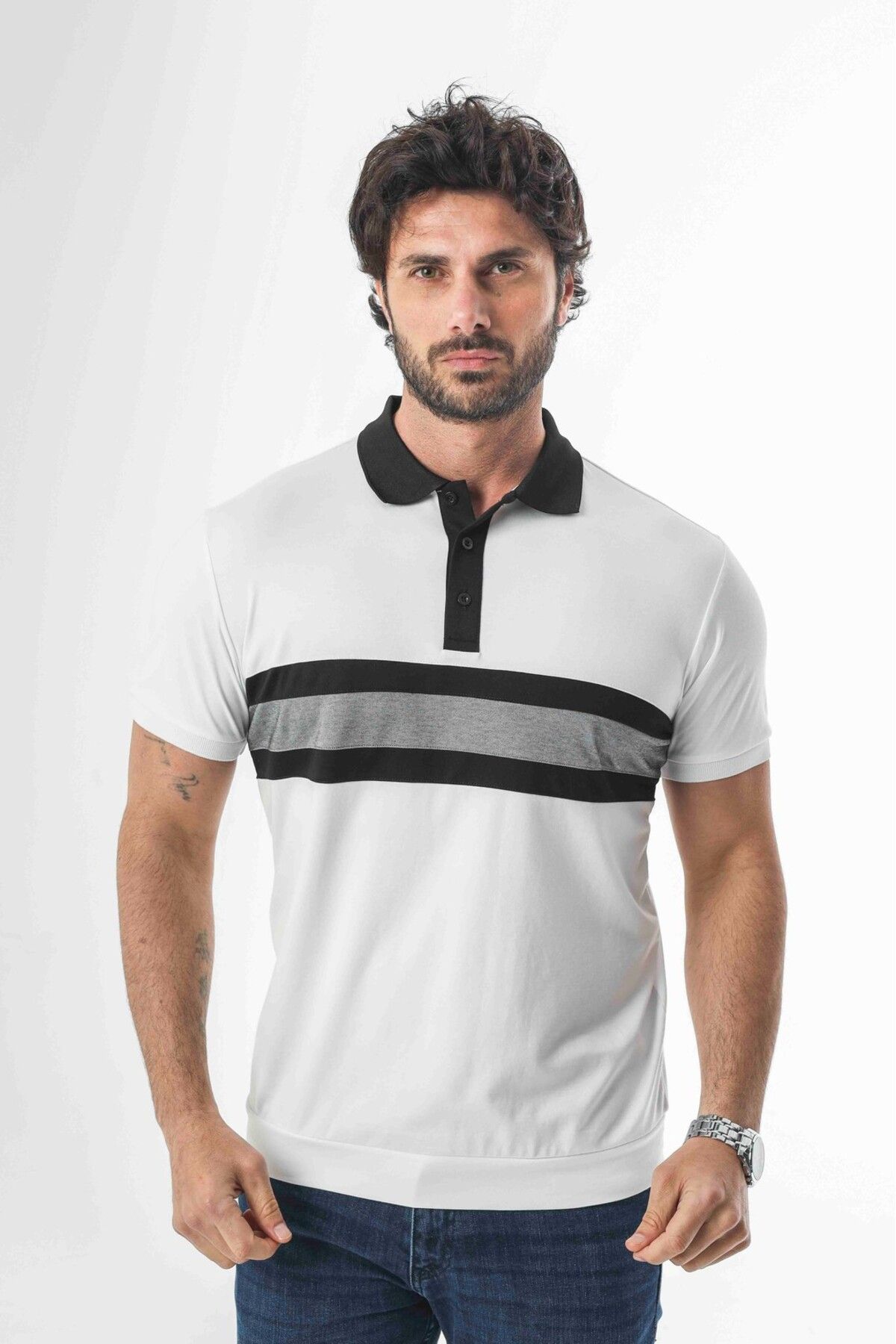 Tony Montana Büyük Beden Polo Yaka Düğmeli Ortası Çizgili T-Shirt-6320