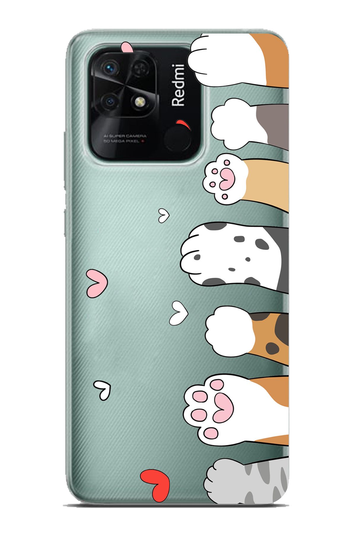 TechTree Redmi 10C - POCO C40 Uyumlu Sevimli Kedi Patiler Tasarımlı Şeffaf Silikon Kılıf