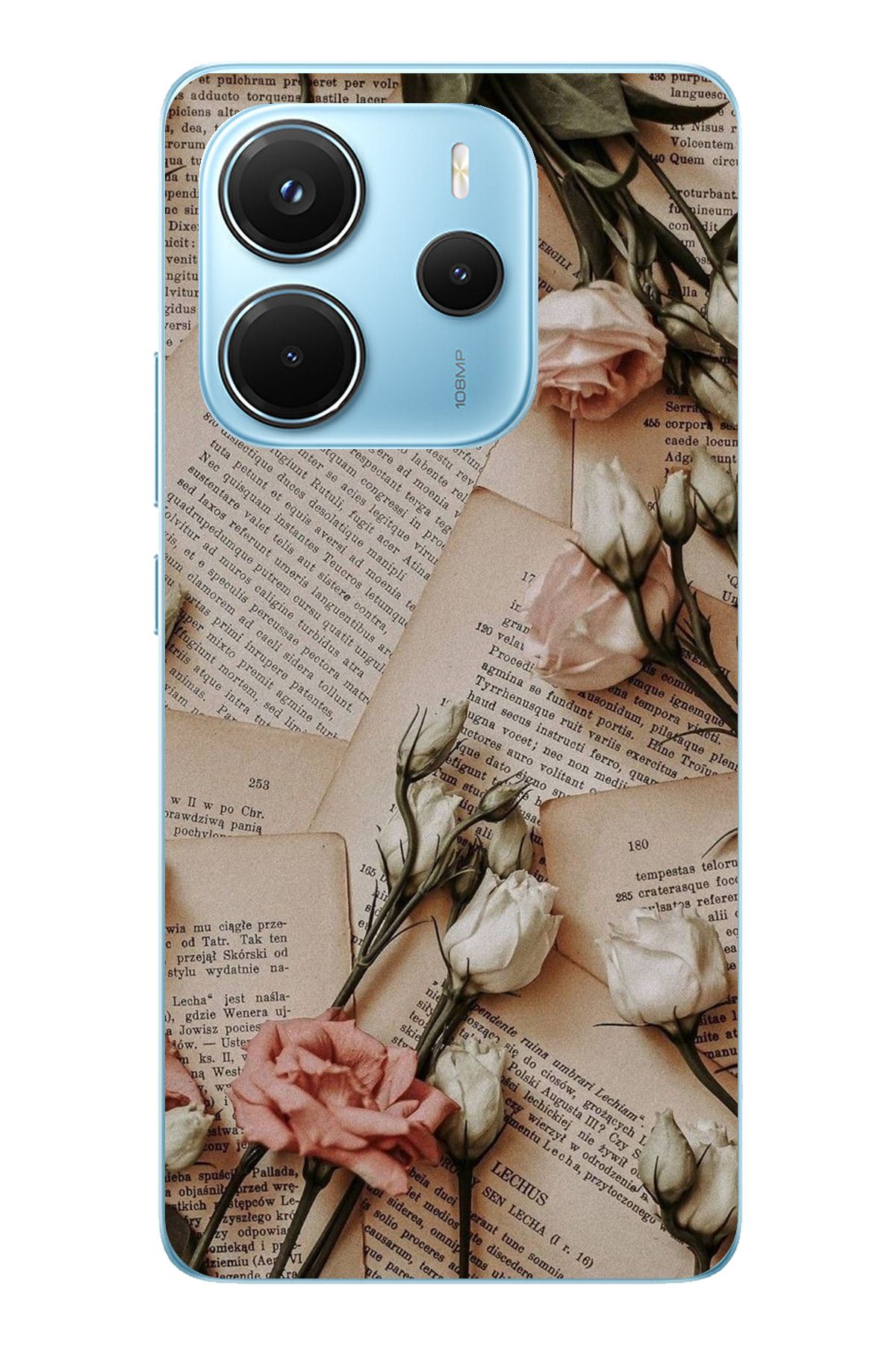 TechTree Redmi Note 14 4G Uyumlu Retro Gazete Güller Tasarımlı Şeffaf Silikon Kılıf
