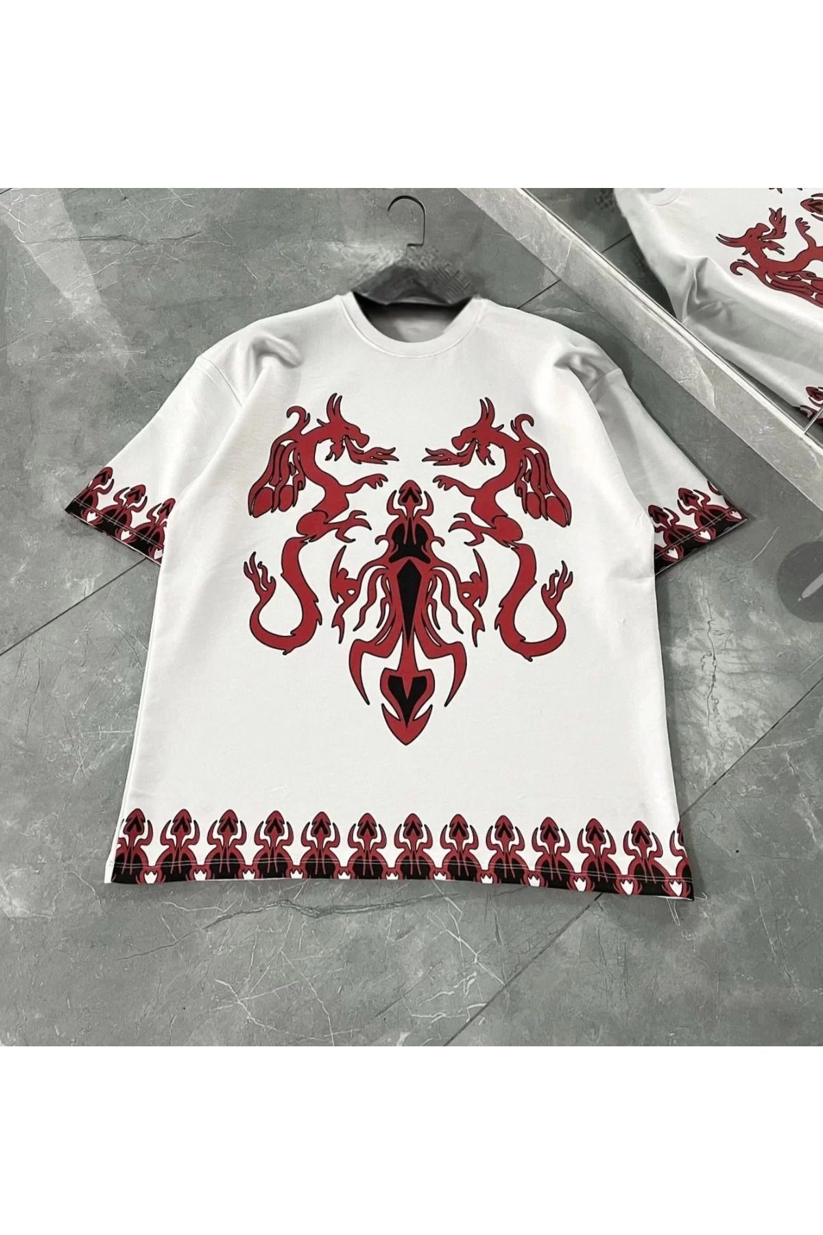 FantaziAtölyesi Unisex Bisiklet Yaka Baskılı Oversize T-Shirt - Beyaz