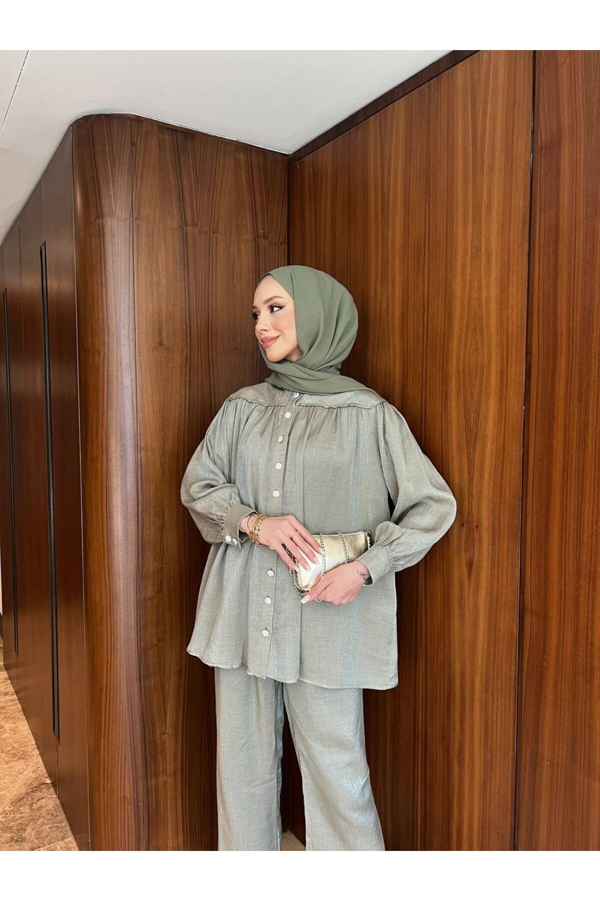 İnce Stil-Stone Detail Buttoned Tunic Set 2