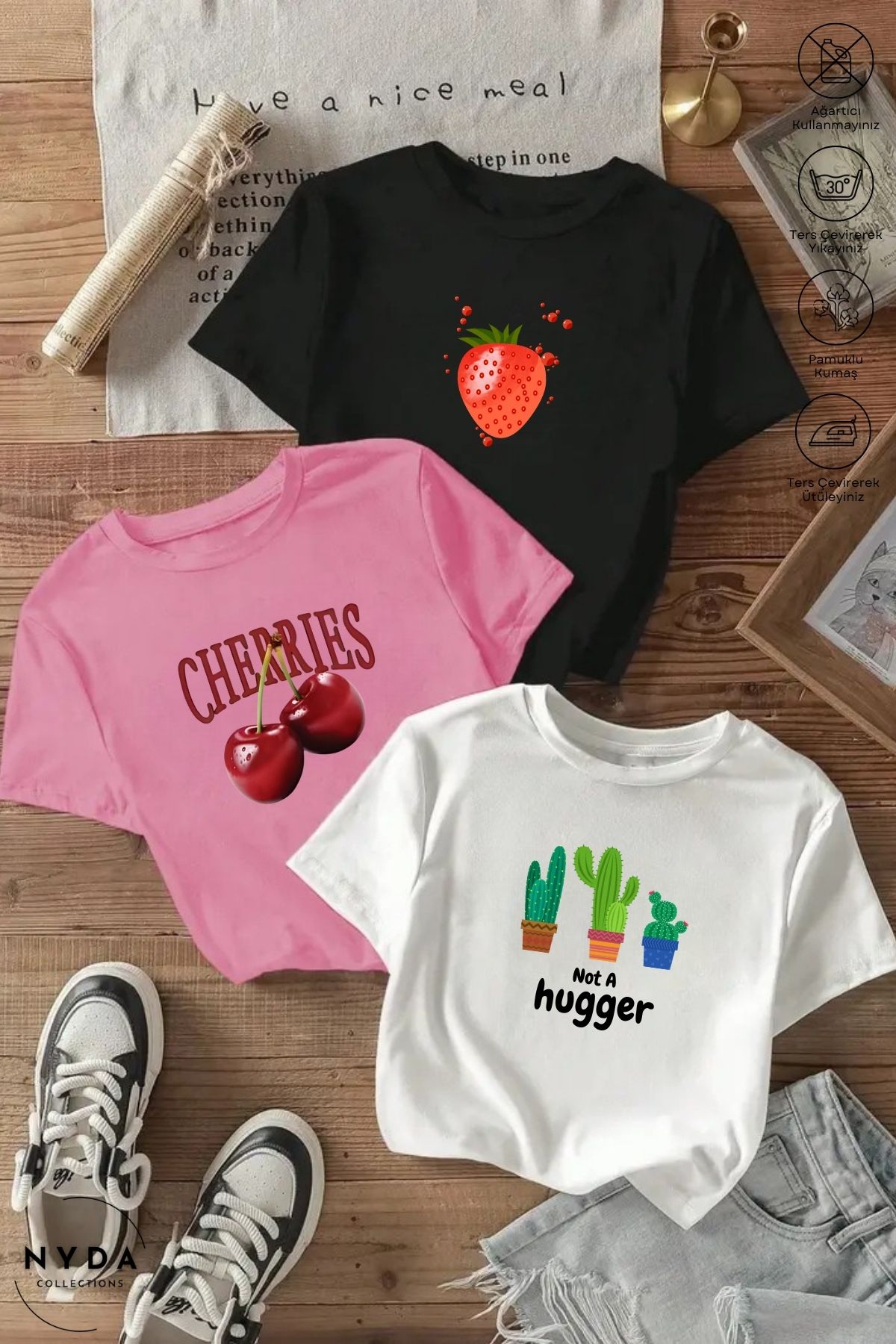 Nyda Collections Kadın Bisiklet Yaka Çilek Kiraz Kaktüs Baskılı Pamuk Oversize 3lü Renkli Kısa Kollu Tişört Takım