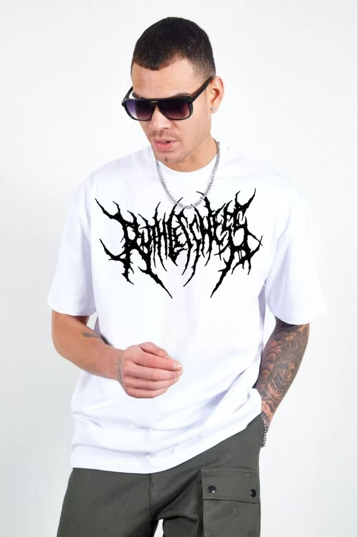 FantaziAtölyesi Unisex Bisiklet Yaka Baskılı Oversize T-Shirt - Beyaz
