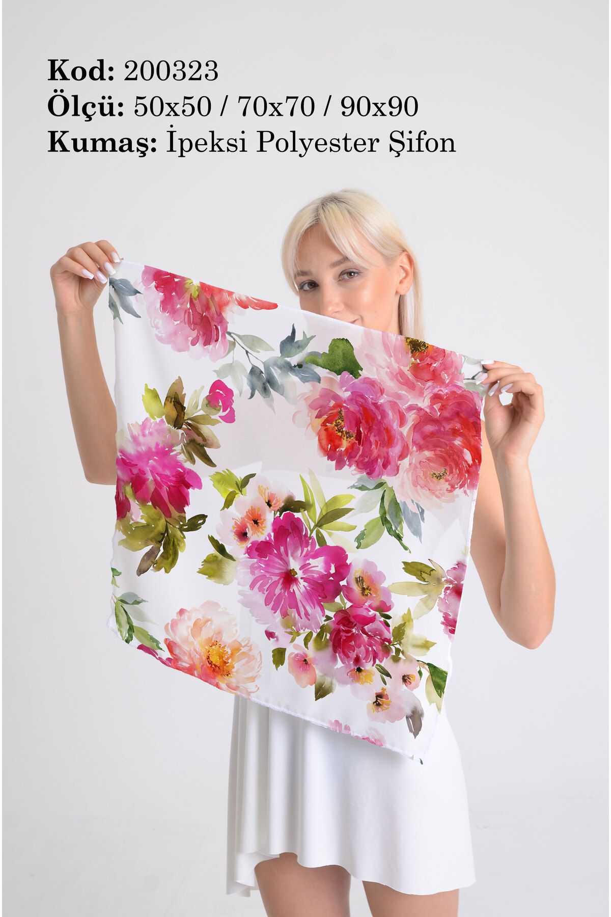 DESENİX Bahar Çiçekleri Desenli İpeksi Şifon Fular - Şal, Eşarp, Boyunluk - 50x50, 70x70, 90x90 cm