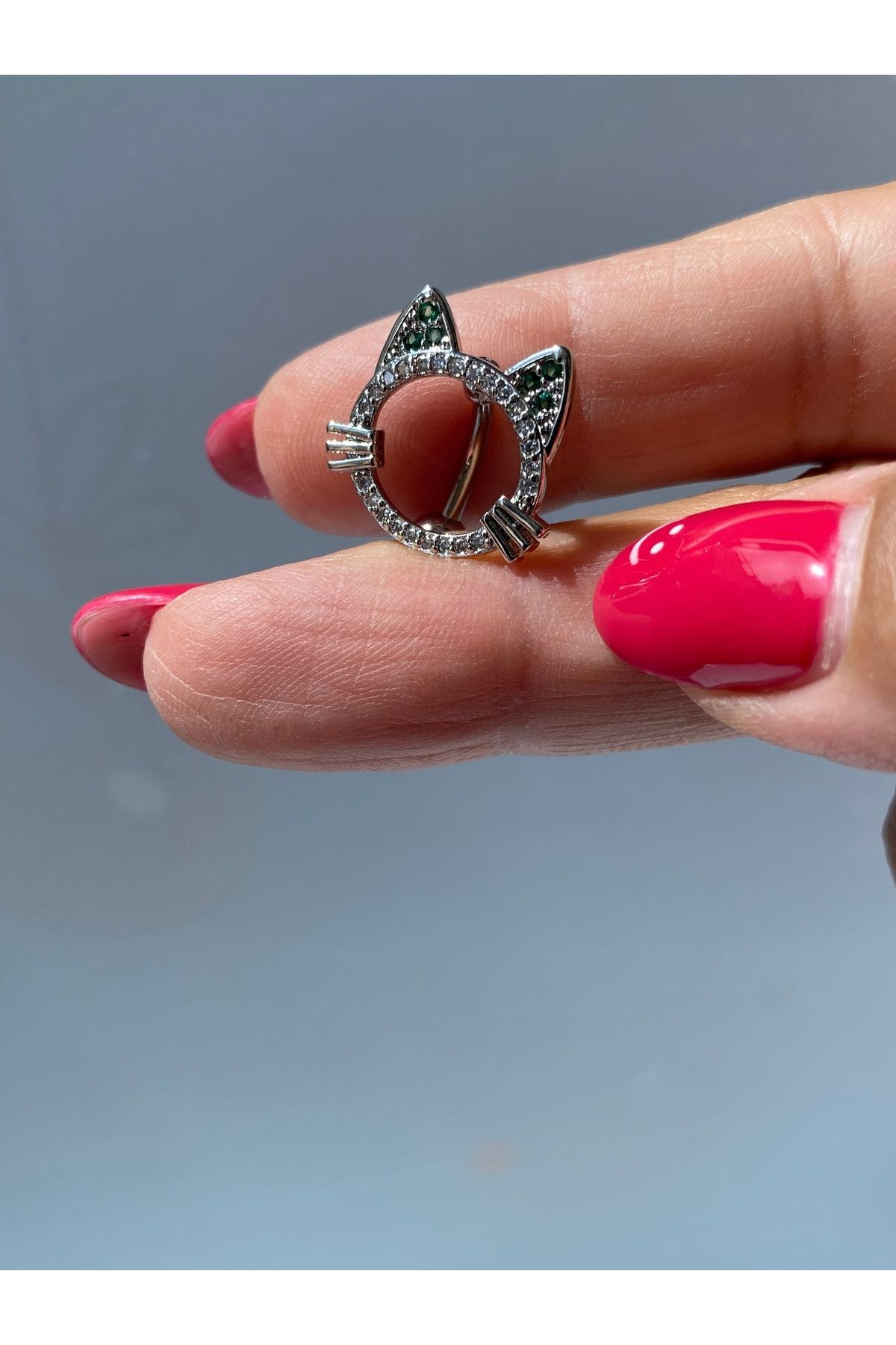 kurukafagift Göbek Çelik Piercing Kedi Figürlü Zirkon Taşlı Gümüş Renk