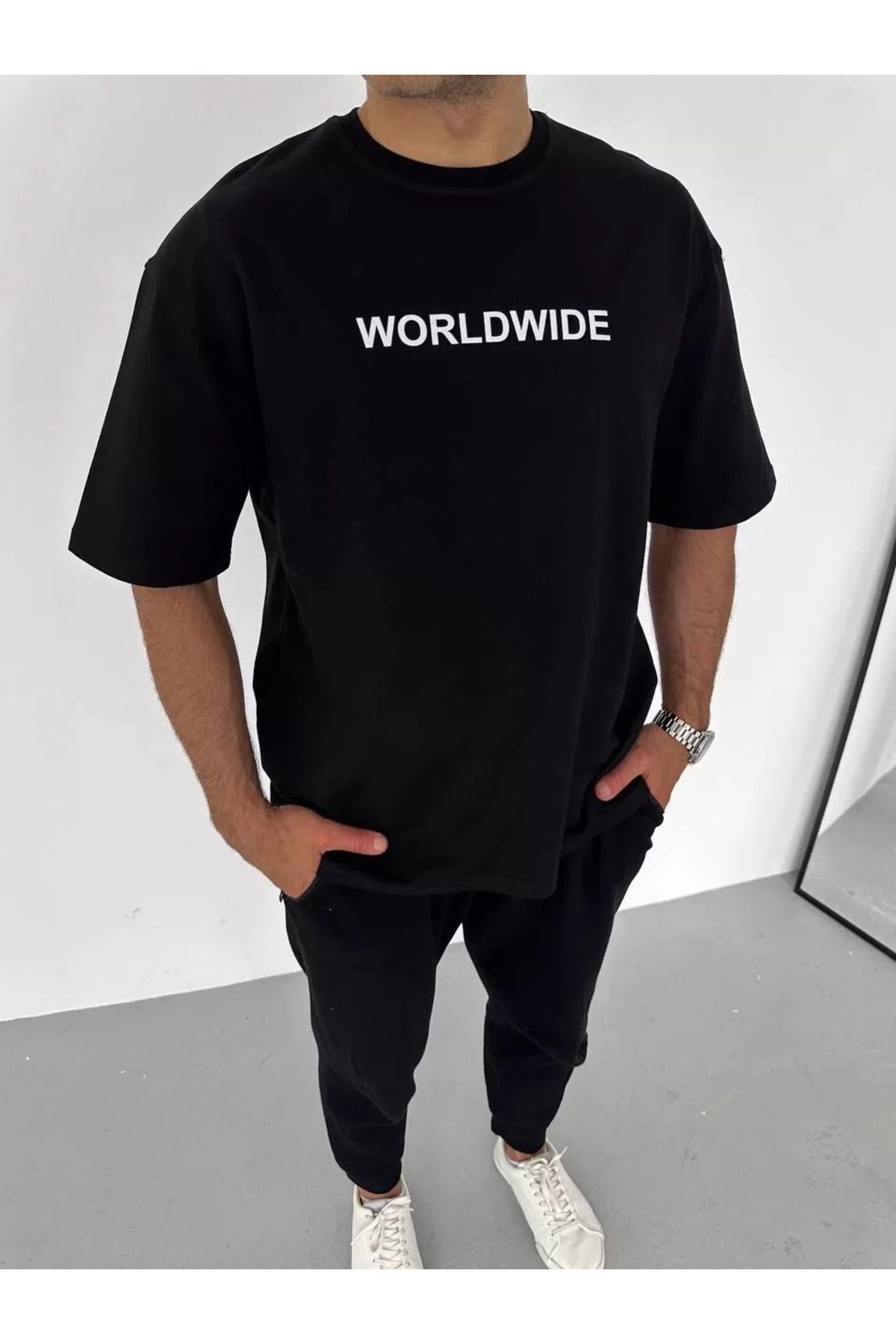 FantaziAtölyesi Unisex Bisiklet Yaka Baskılı Oversize T-Shirt - Siyah