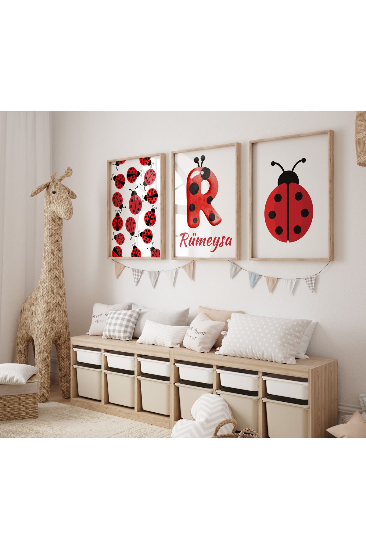 Rabadon Çerçevesiz Uğur Böceği Temalı Kız Çocuk Odası Poster Seti | İsme Özel 3’lü Poster