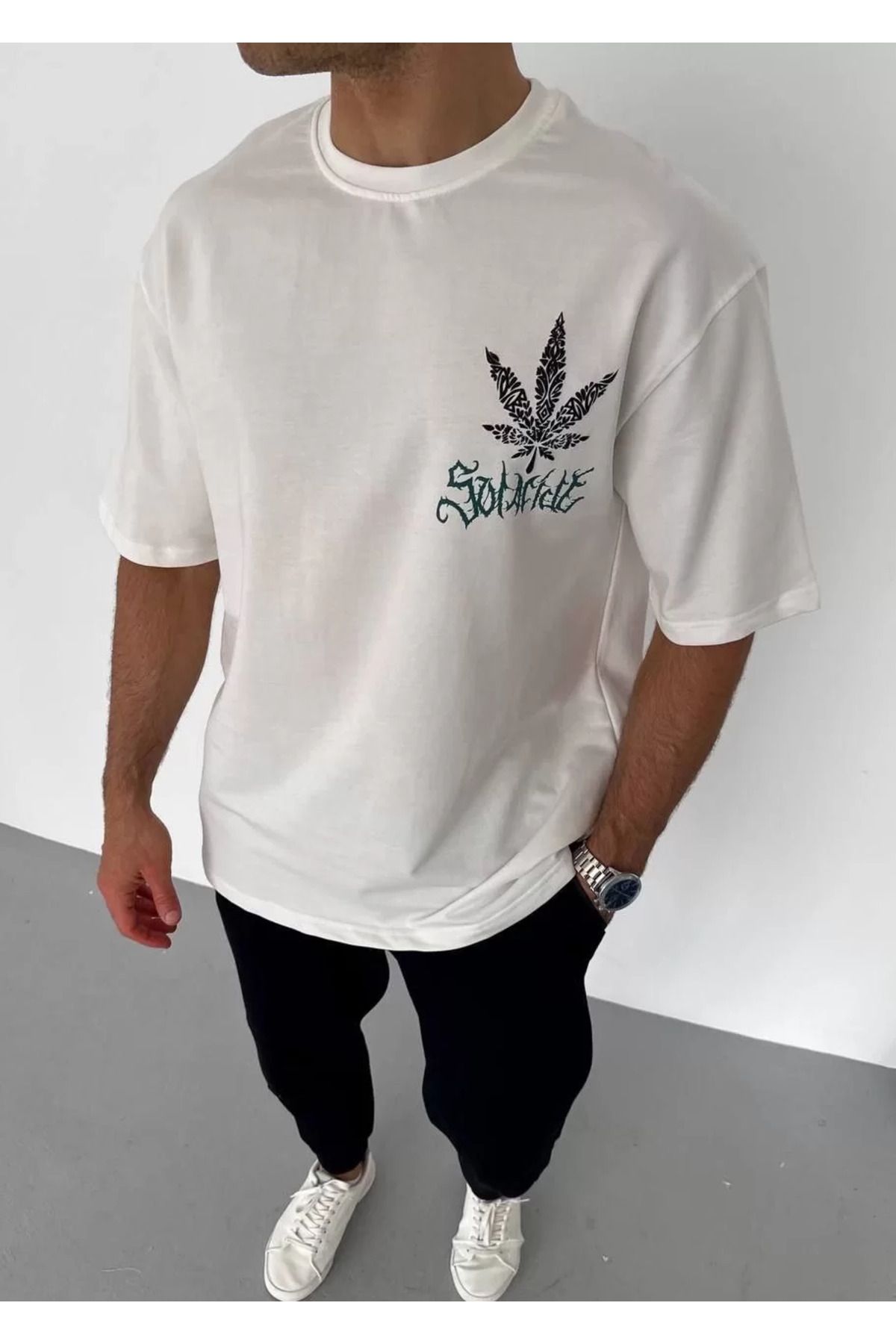 FantaziAtölyesi Unisex Bisiklet Yaka Baskılı Oversize T-Shirt - Beyaz