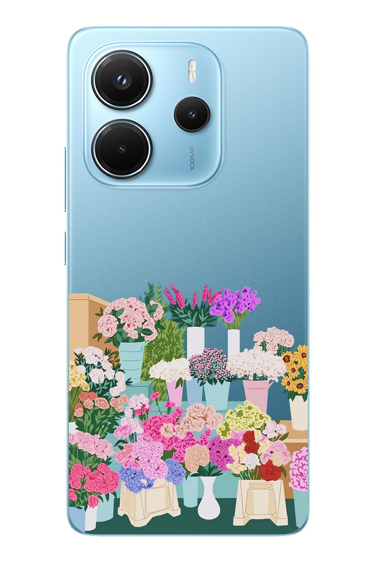 TechTree Redmi Note 14 4G Uyumlu Vazoda Çiçekler Tasarımlı Şeffaf Silikon Kılıf