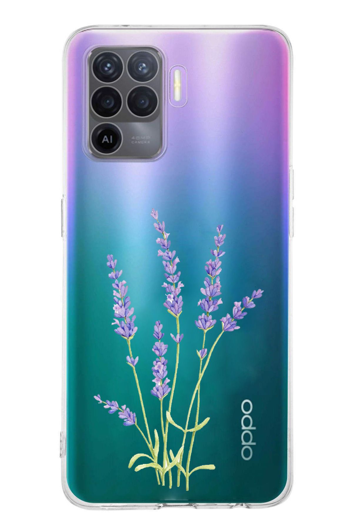 TechTree Oppo Reno 5 Lite Uyumlu Lavanta Çiçek Tasarımlı Şeffaf Silikon Kılıf