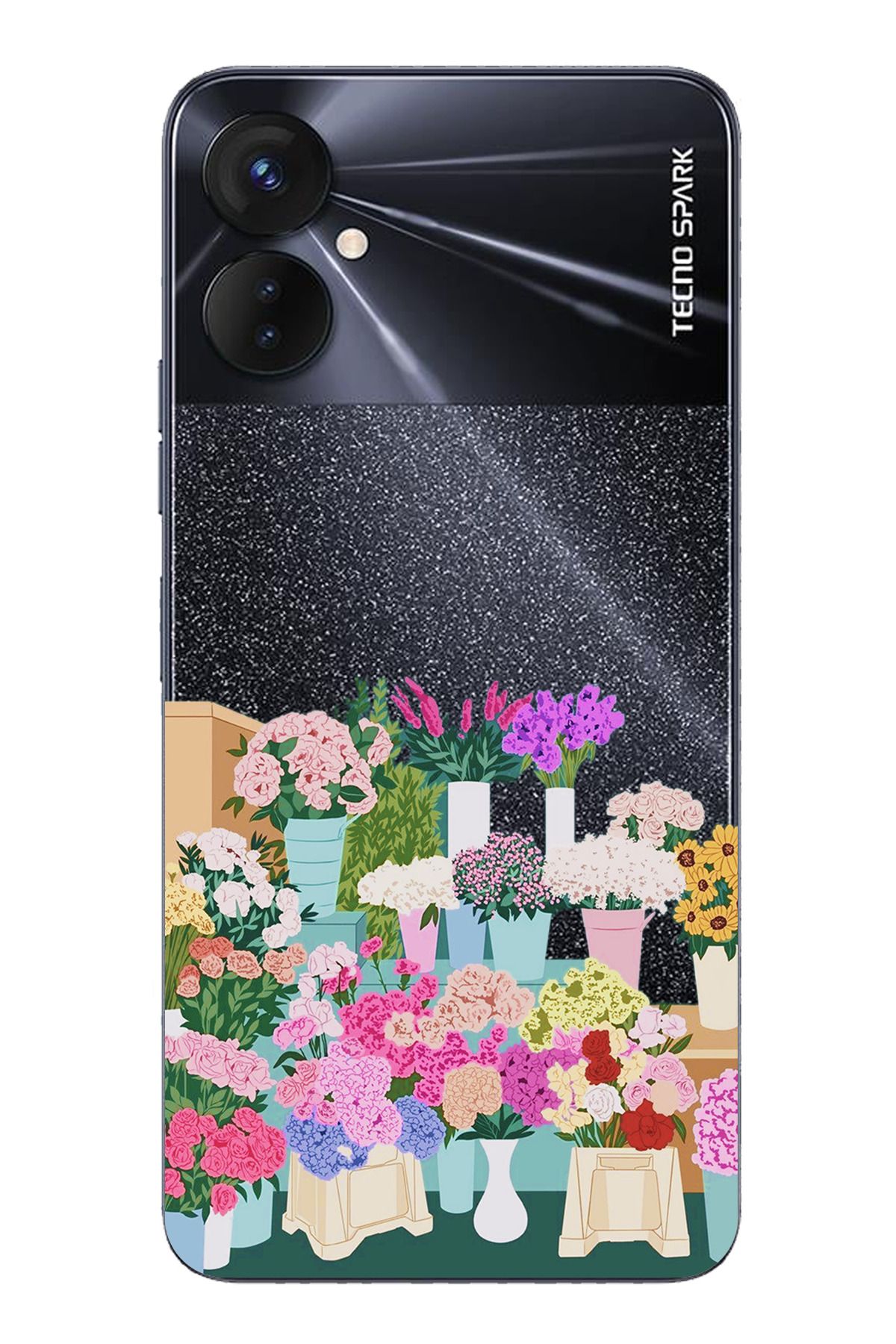 TechTree Tecno Spark 9 Pro Uyumlu Vazoda Çiçekler Tasarımlı Şeffaf Silikon Kılıf