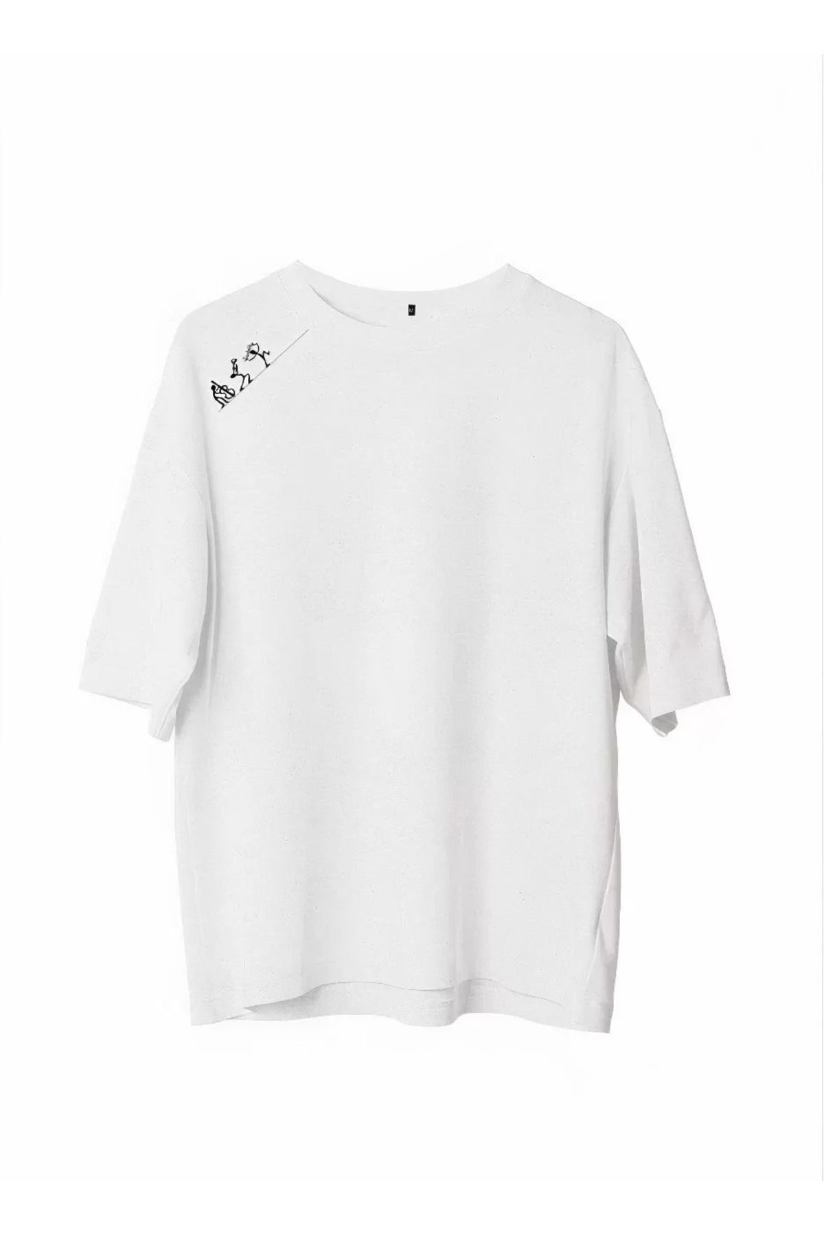 FantaziAtölyesi Unisex Bisiklet Yaka Baskılı Oversize T-Shirt - Beyaz