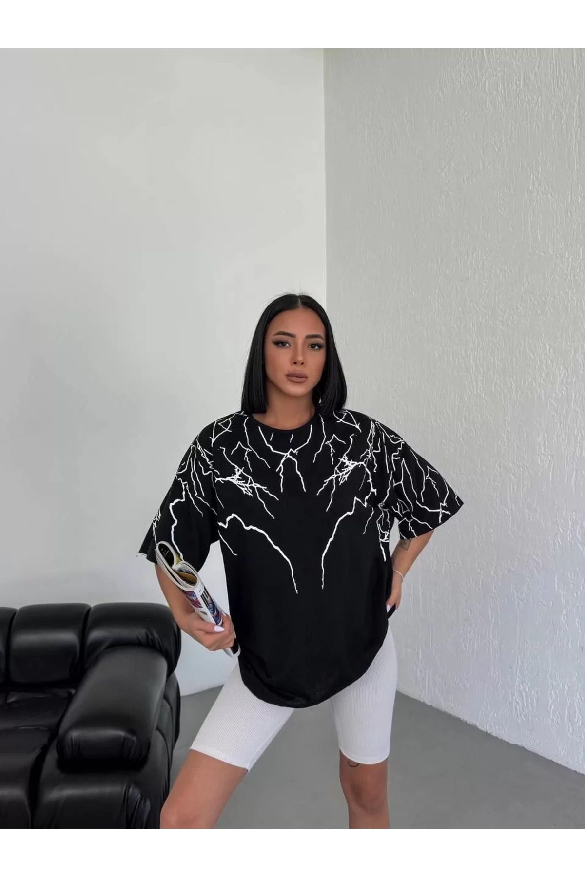 FantaziAtölyesi Unisex Bisiklet Yaka Baskılı Oversize T-Shirt - Siyah
