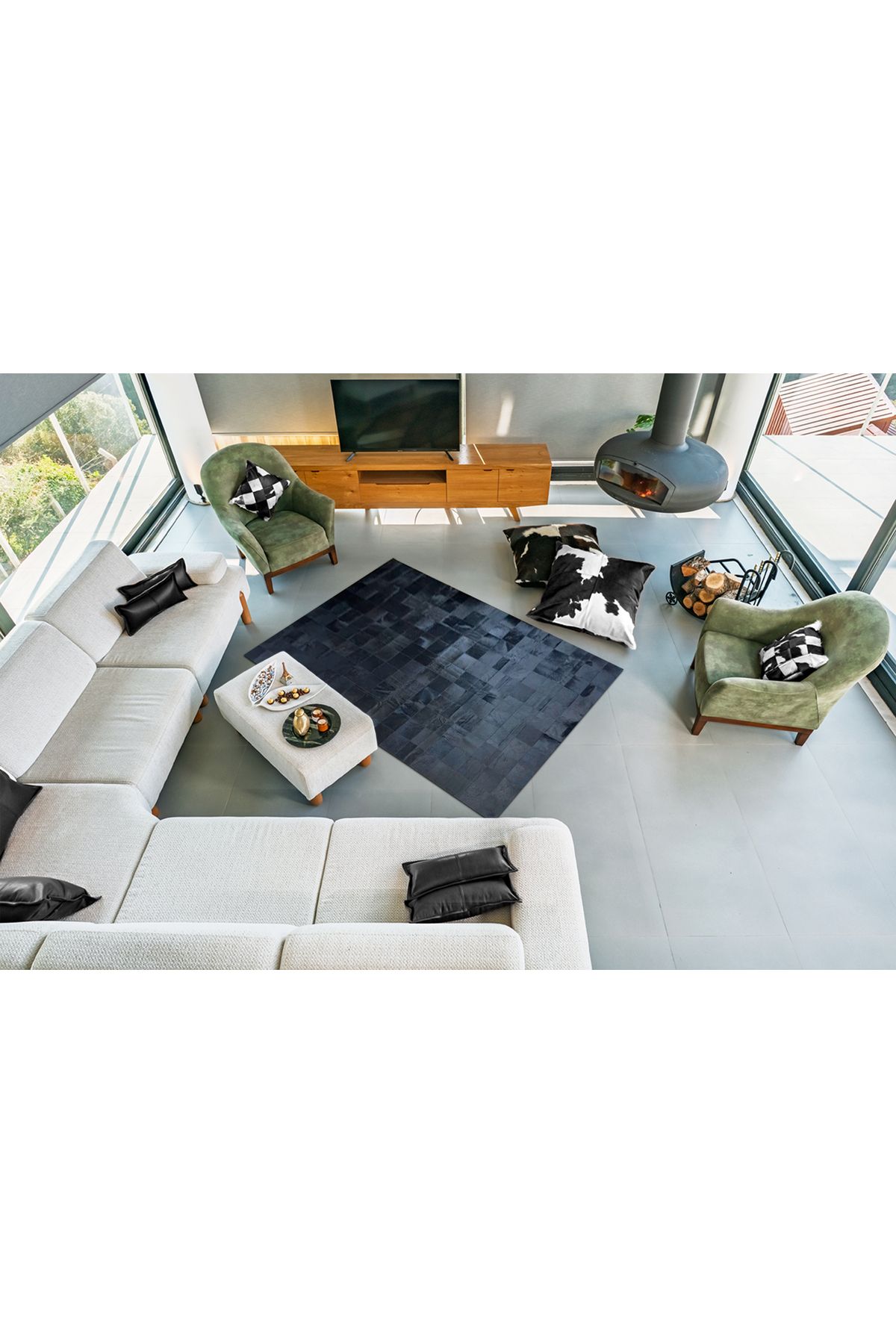 Barrio Rico %100 Doğal Dana Derisi Kaymaz Taban Premium Patchwork Halı - Kahverengi Beyaz