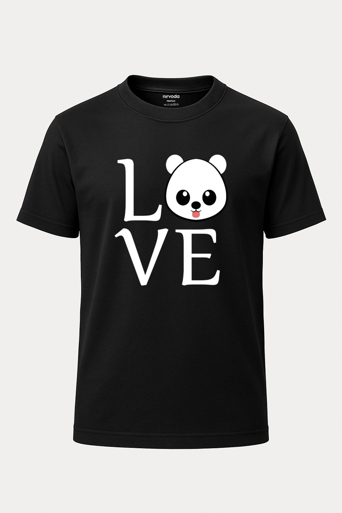 nirvoda Unisex Love Panda Yazılı Tişört - Uzun Siyah T-shirt