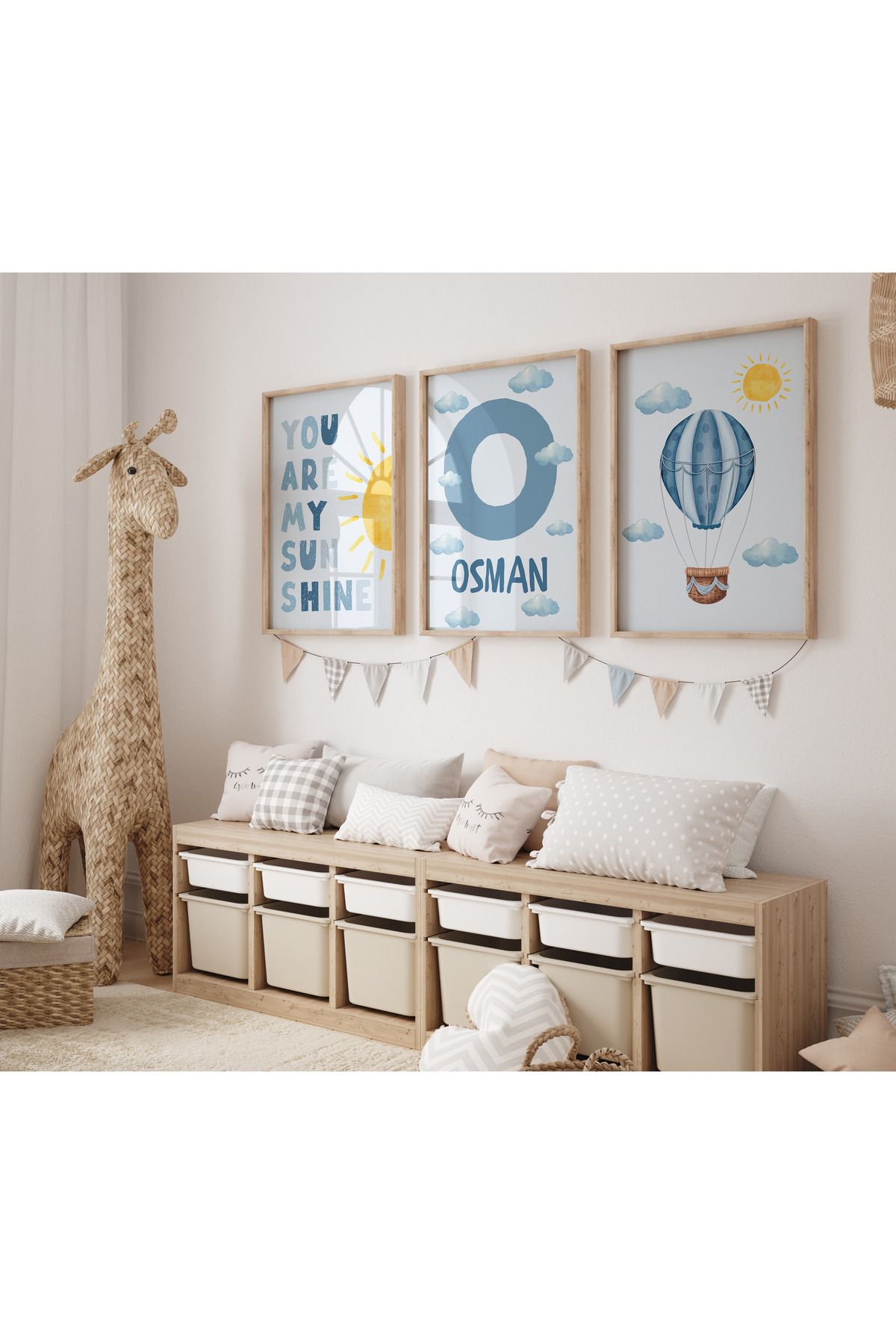 Rabadon Çerçevesiz Mavi Uçan Balon Temalı Erkek Çocuk Odası 3lü Poster Set Baby Shower