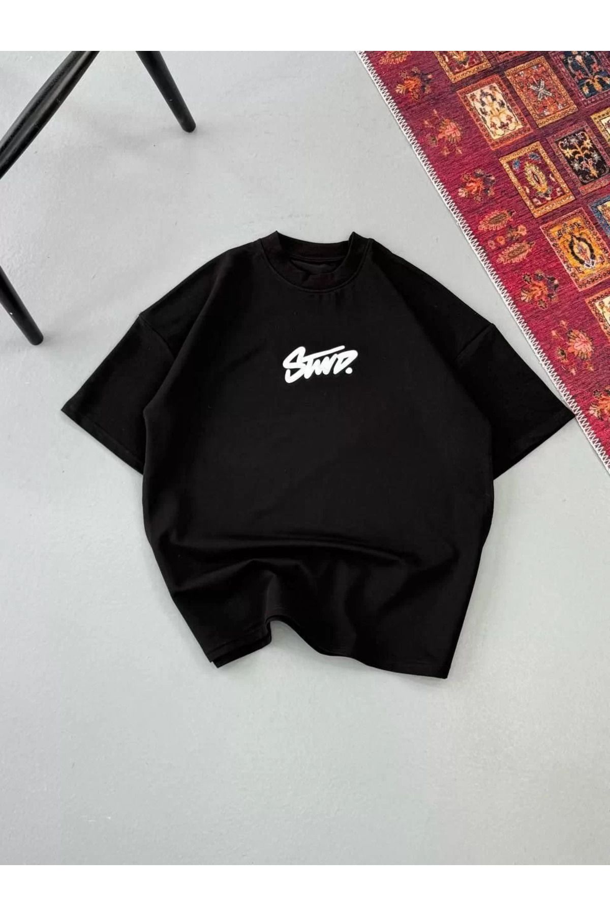 FantaziAtölyesi Erkek Baskılı Oversize T-shirt - Siyah