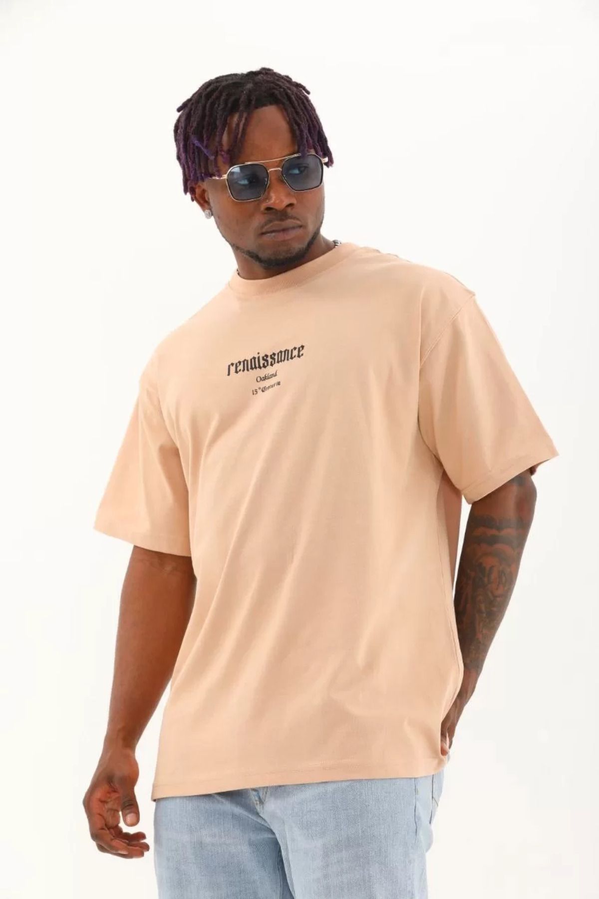 FantaziAtölyesi Unisex Oversize Baskılı Bisiklet Yaka T-Shirt - Bej