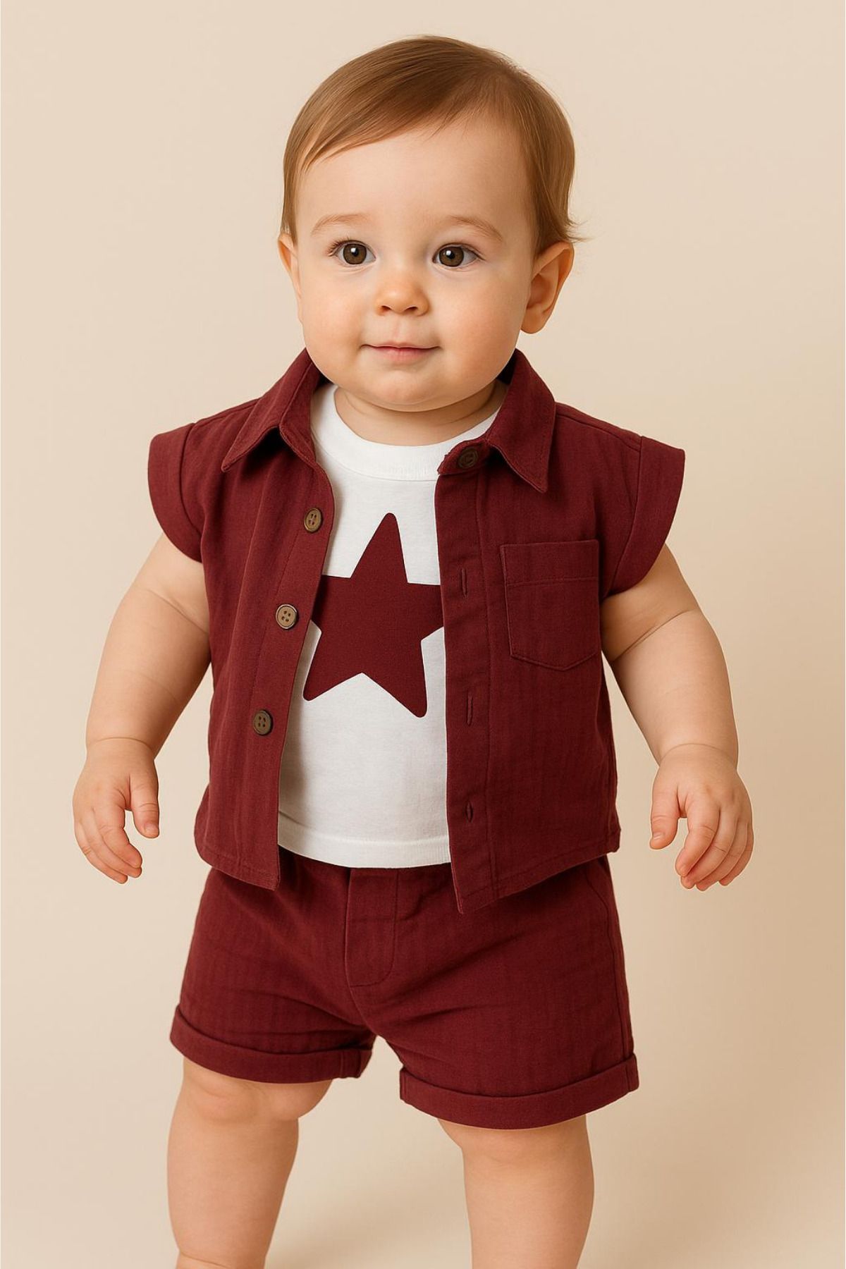 Balbadem baby kids Bordo Müslin Erkek Bebek 3’lü Takım | Gömlek + Tişört + Şort | Yazlık Rahat Kombin (6-9-12-18-24 Ay)