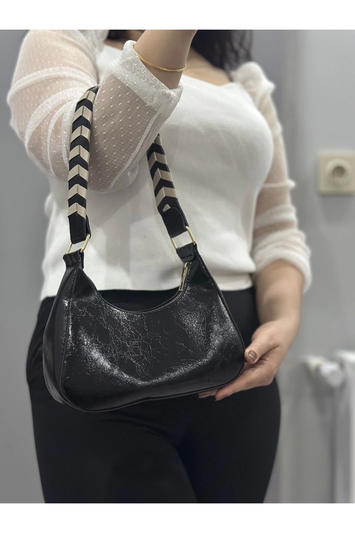 FASHIONLINE Kraş siyah cilt çanta