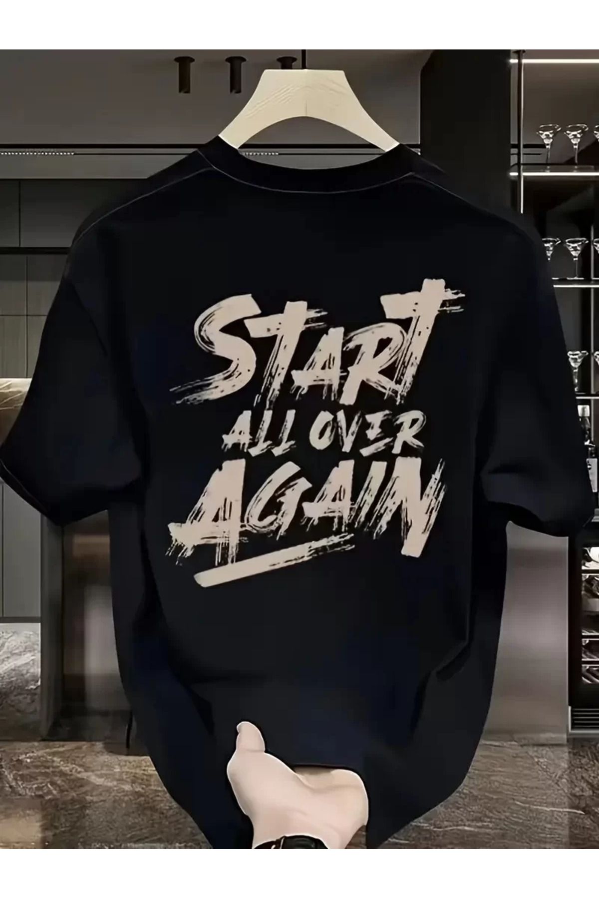 FantaziAtölyesi Start All Over Baskılı Oversize Bisiklet Yaka T-shirt - Siyah
