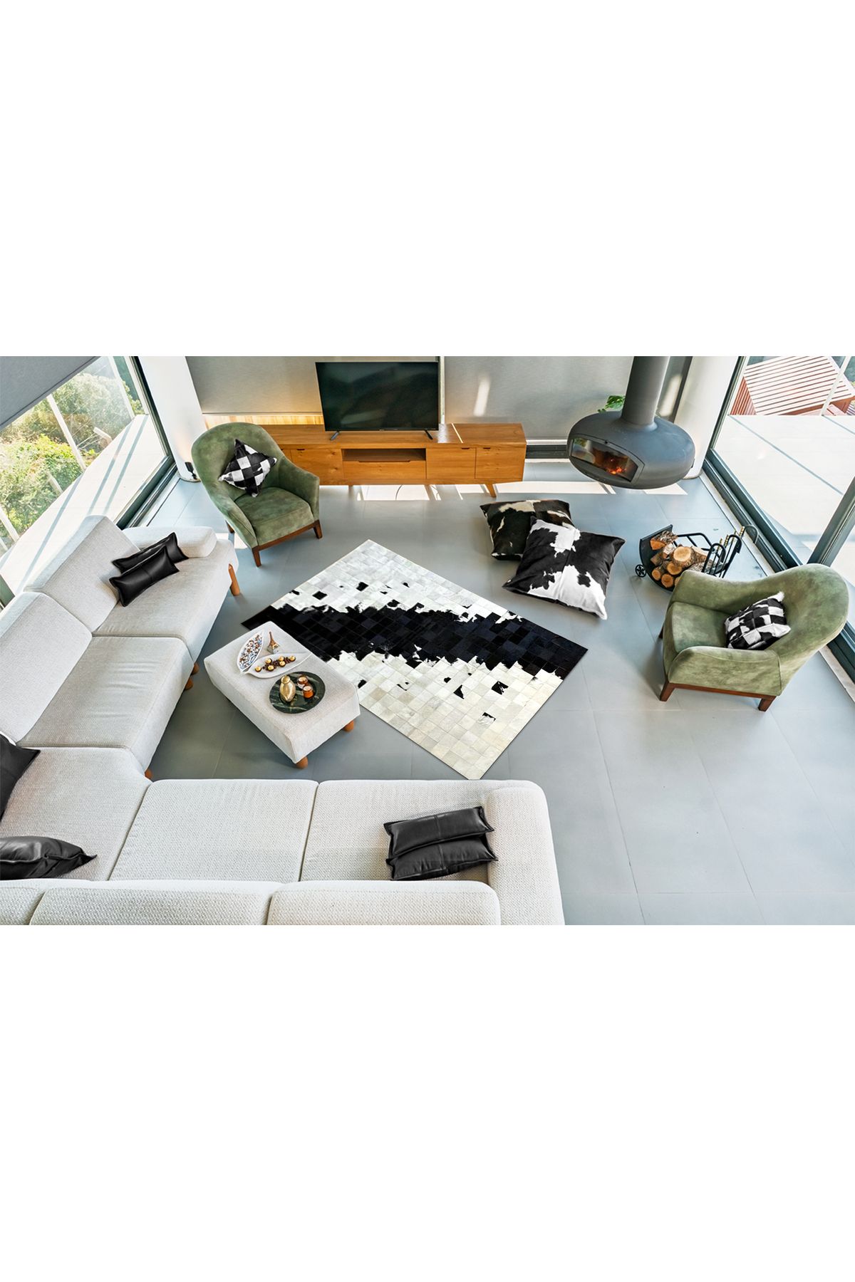 Barrio Rico %100 Doğal Dana Derisi Kaymaz Taban Premium Patchwork Halı - Kahverengi Beyaz