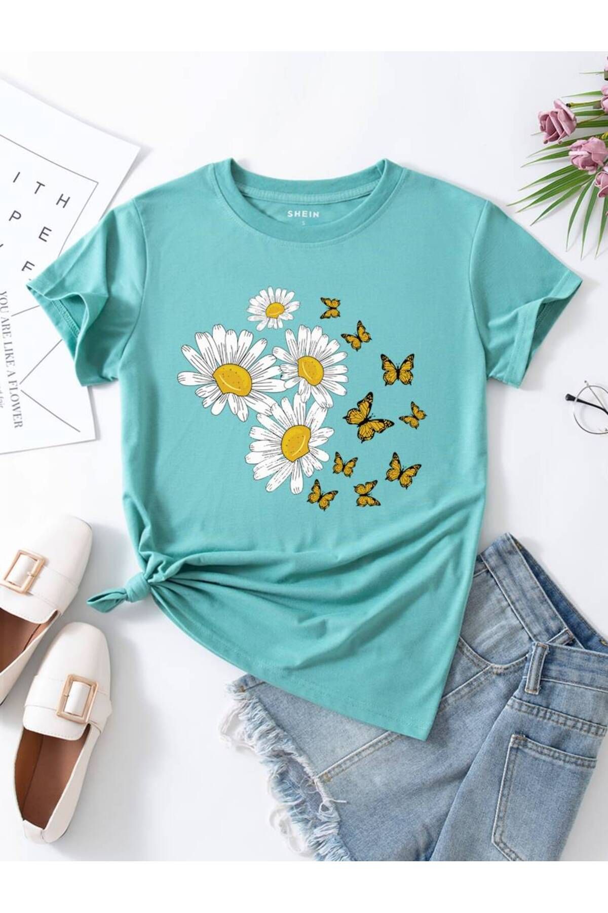 aynewmoda Kısa Kollu Tişört Baskılı Coğrafya Yaz Kelebek Tişörtleri