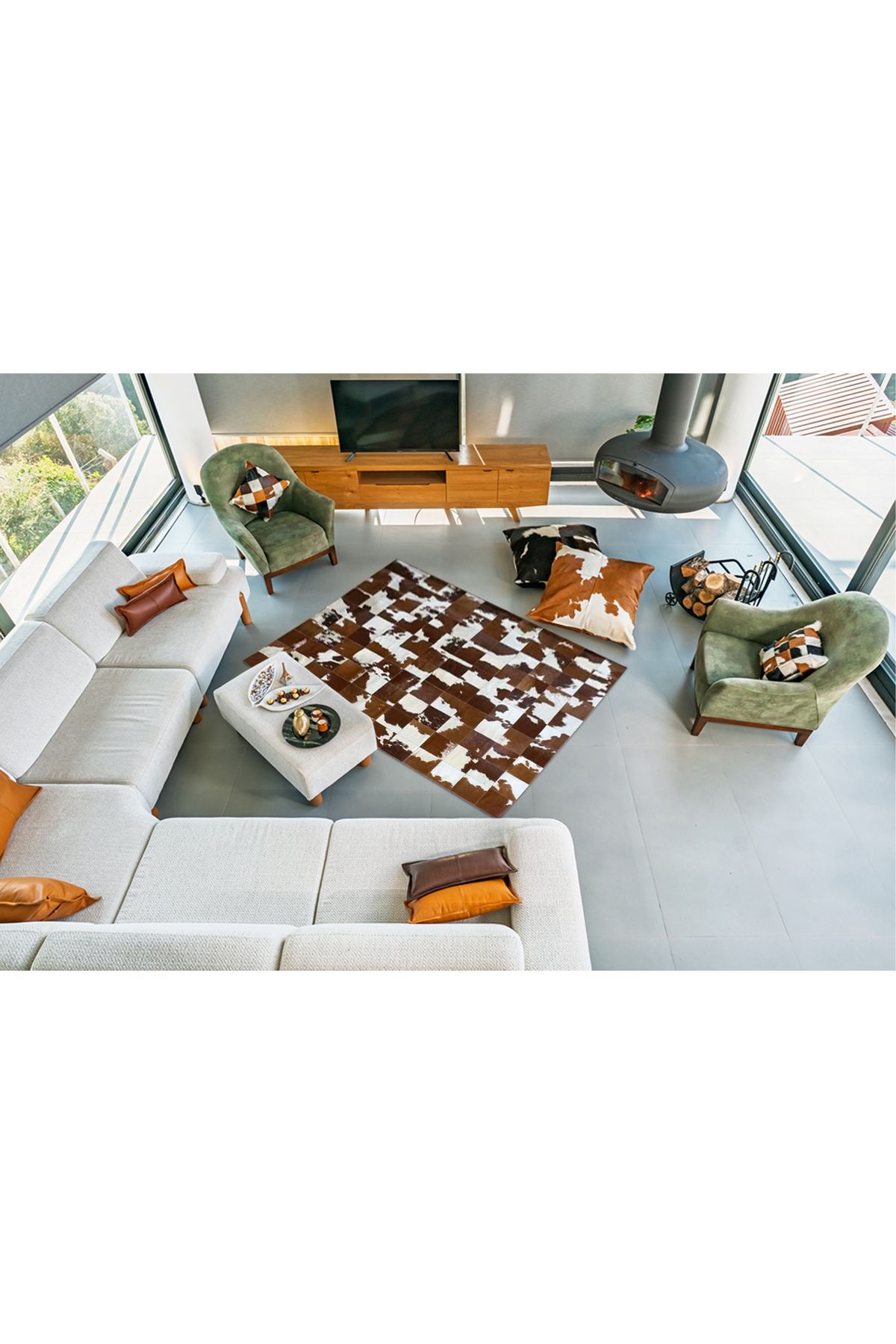 Barrio Rico %100 Doğal Dana Derisi Kaymaz Taban Premium Patchwork Halı - Kahverengi Beyaz