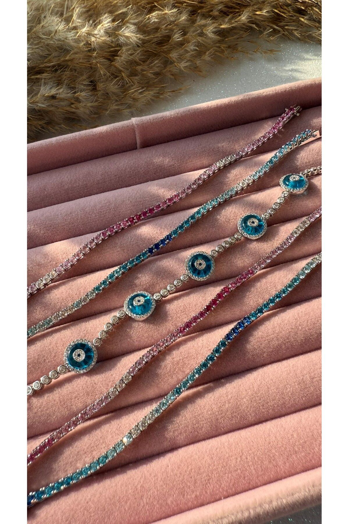 Luna Argento 2MM PEMBE VE MAVİ TONSÜRTON SU YOLU BİLEKLİK 925 AYAR GÜMÜŞ